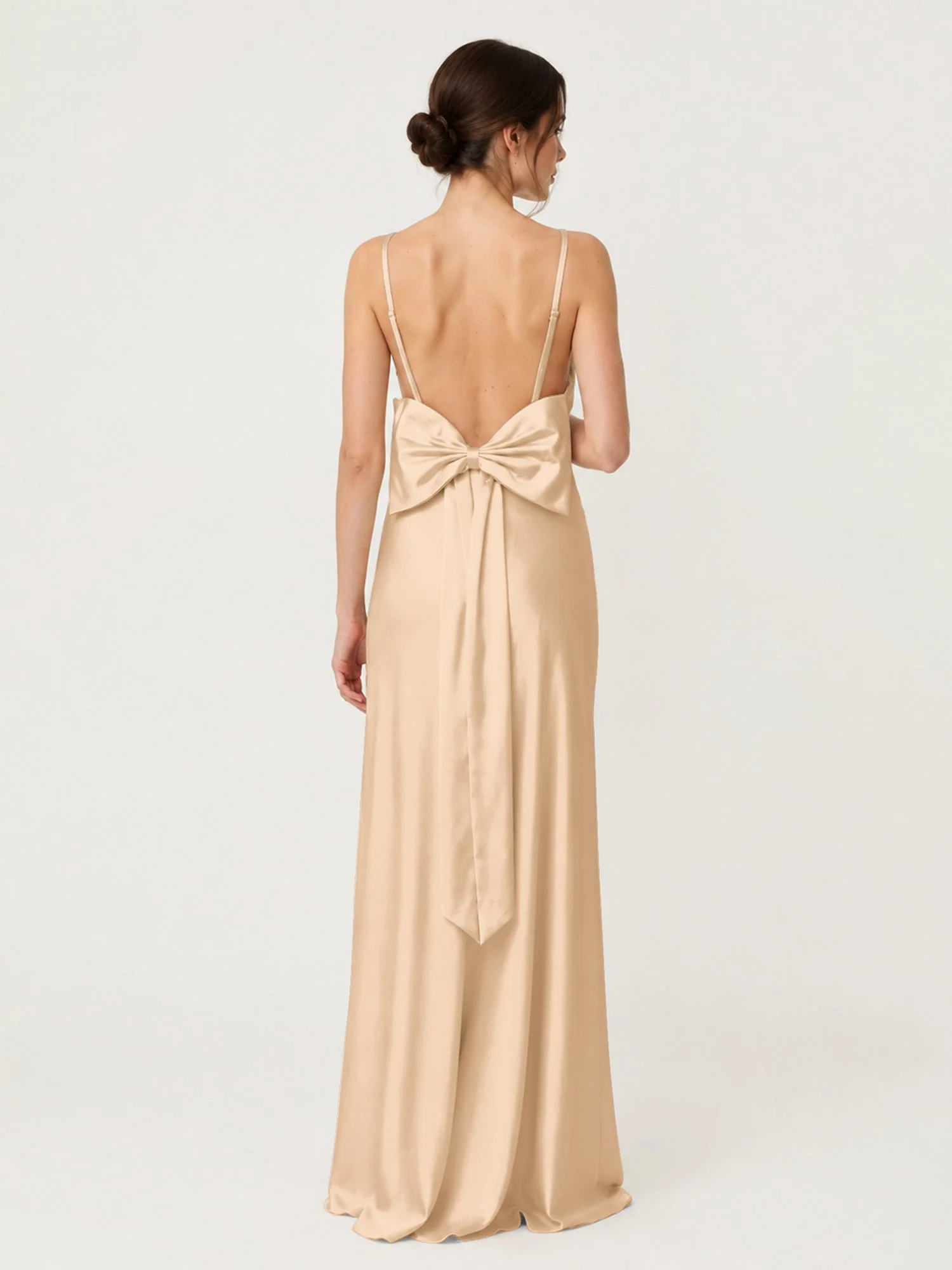 Satin Maxikleid mit Spaghettiträgern und Schleifendetail am Rücken Champagner - Image 2