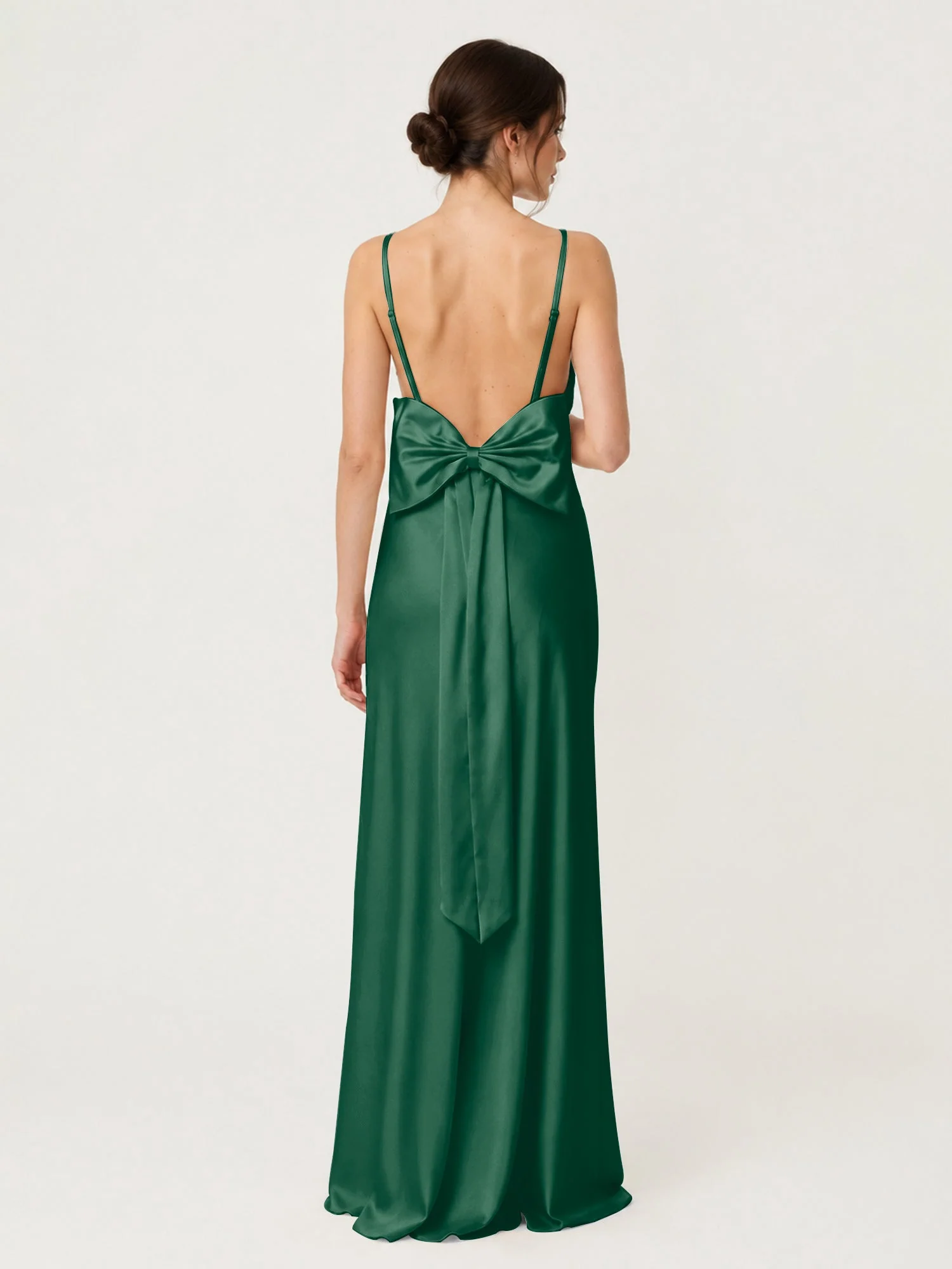Satin Maxikleid mit Spaghettiträgern und Schleifendetail am Rücken Dunkelgrün - Image 2