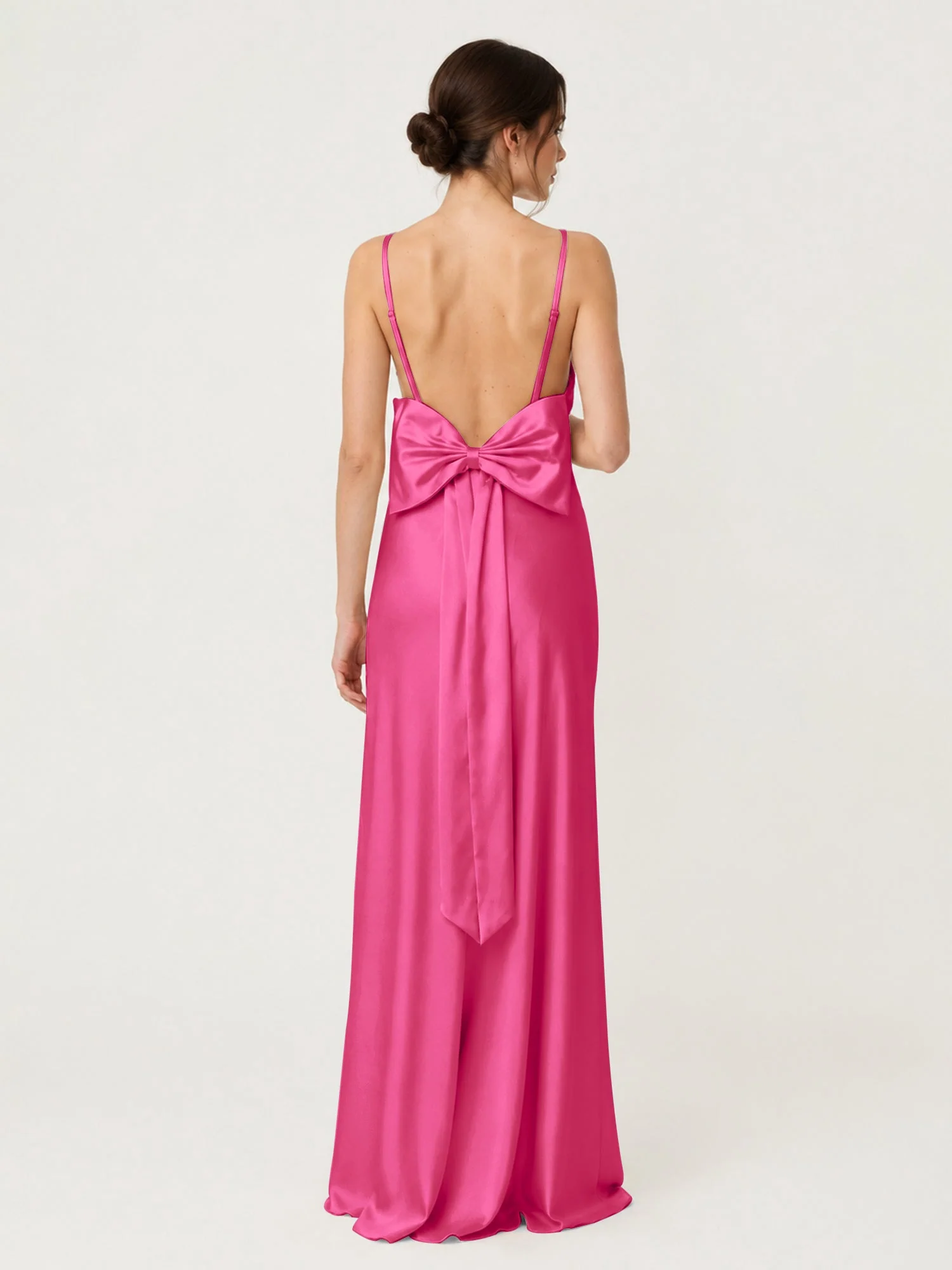 Satin Maxikleid mit Spaghettiträgern und Schleifendetail am Rücken Fuchsia - Image 2
