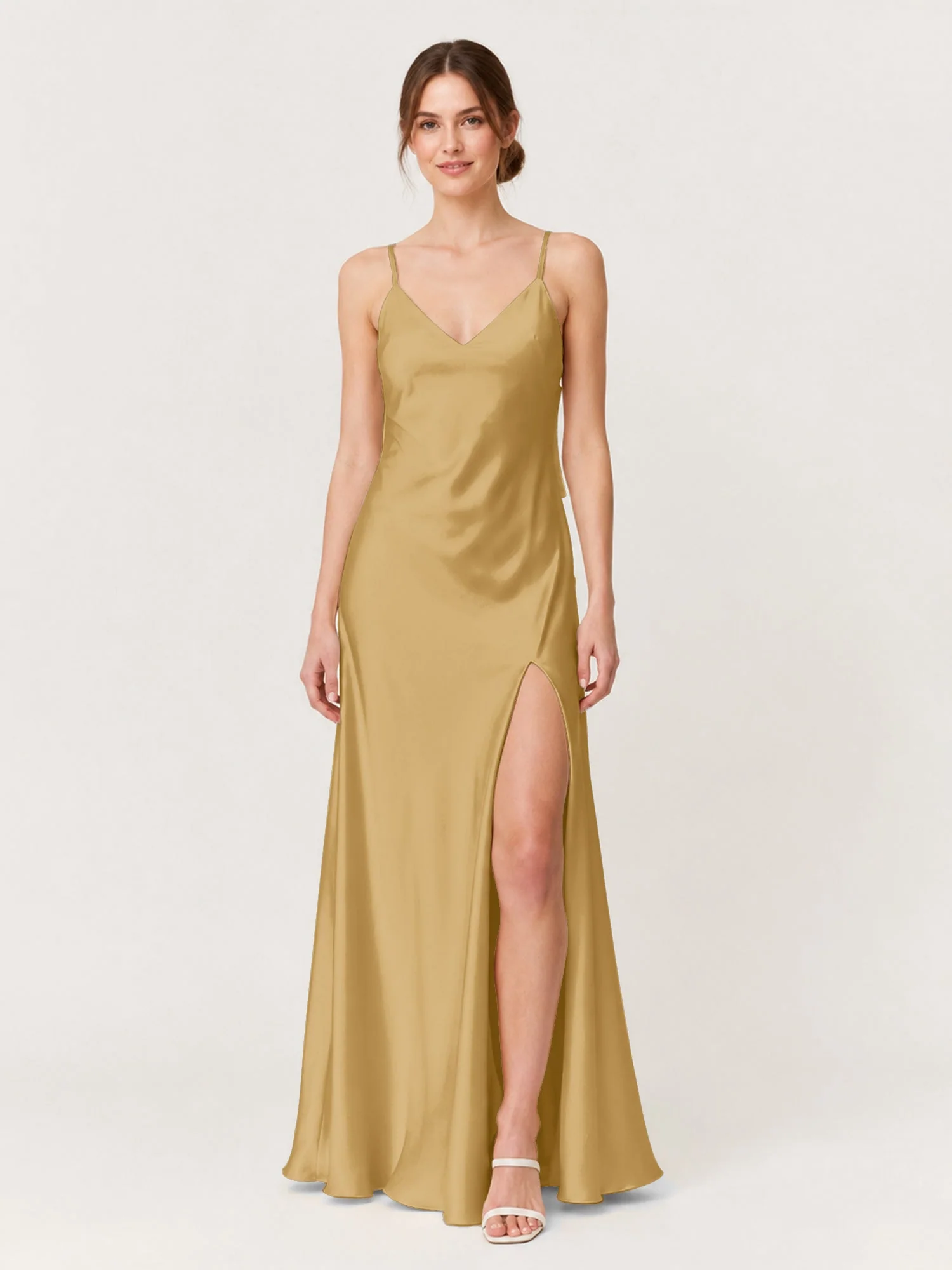 Satin Maxikleid mit Spaghettiträgern und Schleifendetail am Rücken Gold