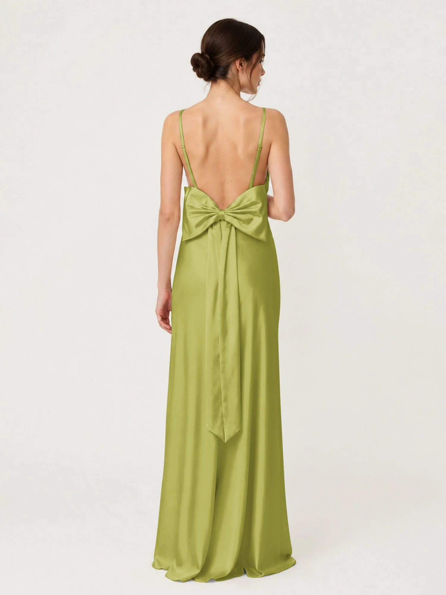Satin Maxikleid mit Spaghettiträgern und Schleifendetail am Rücken Kleegrün - Image 2