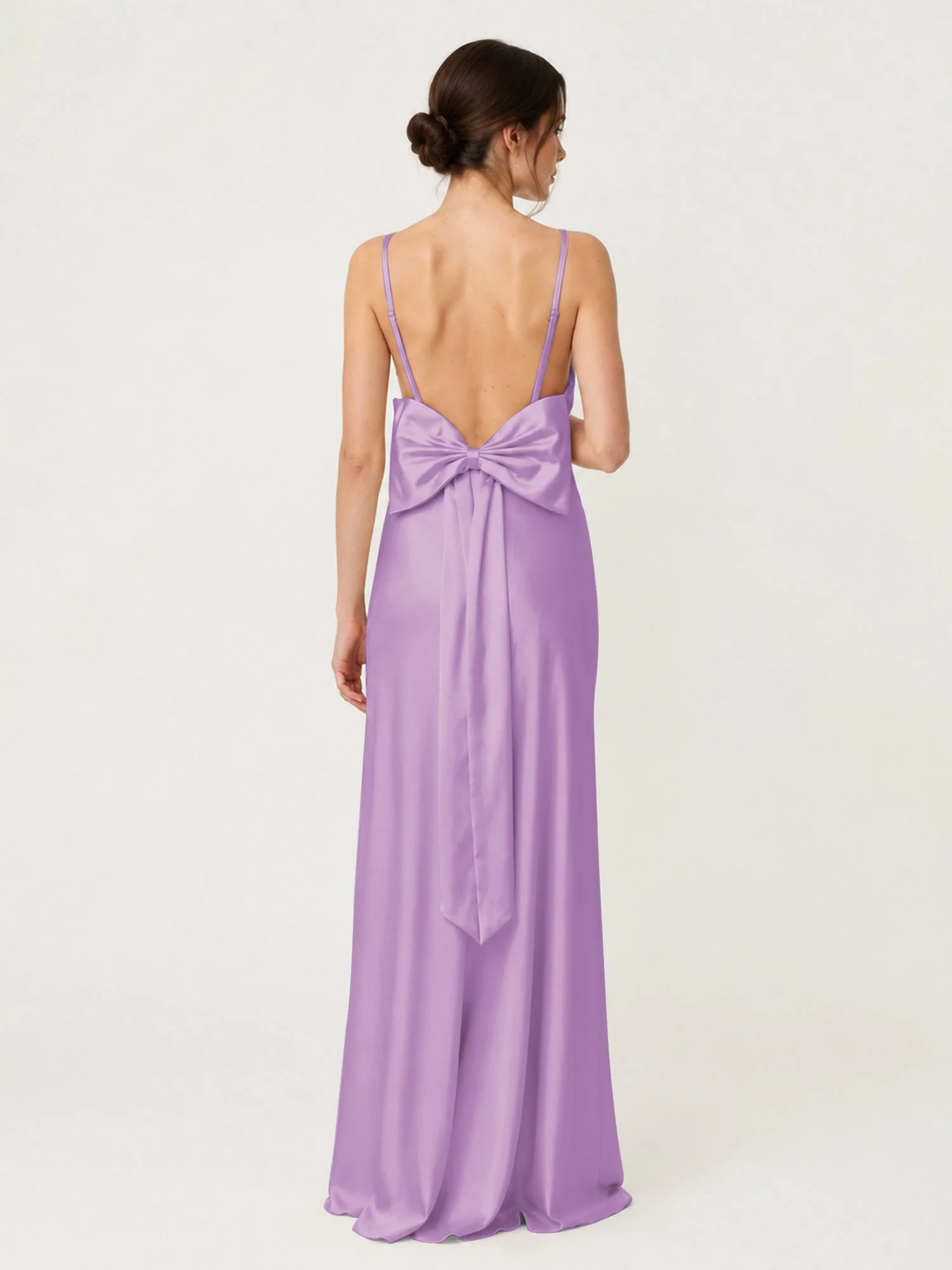 Satin Maxikleid mit Spaghettiträgern und Schleifendetail am Rücken Lila - Image 2