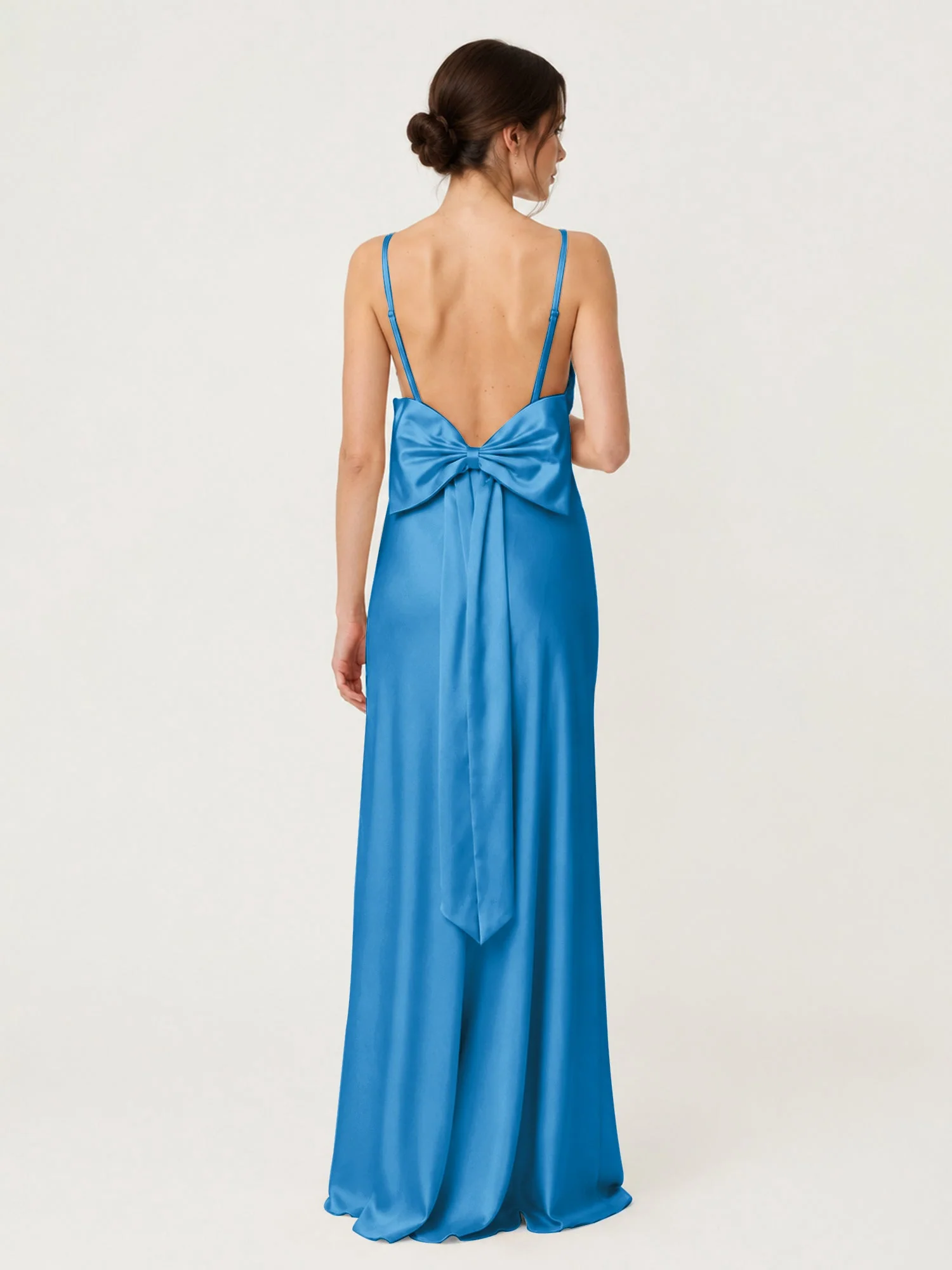 Satin Maxikleid mit Spaghettiträgern und Schleifendetail am Rücken Meerblau - Image 2