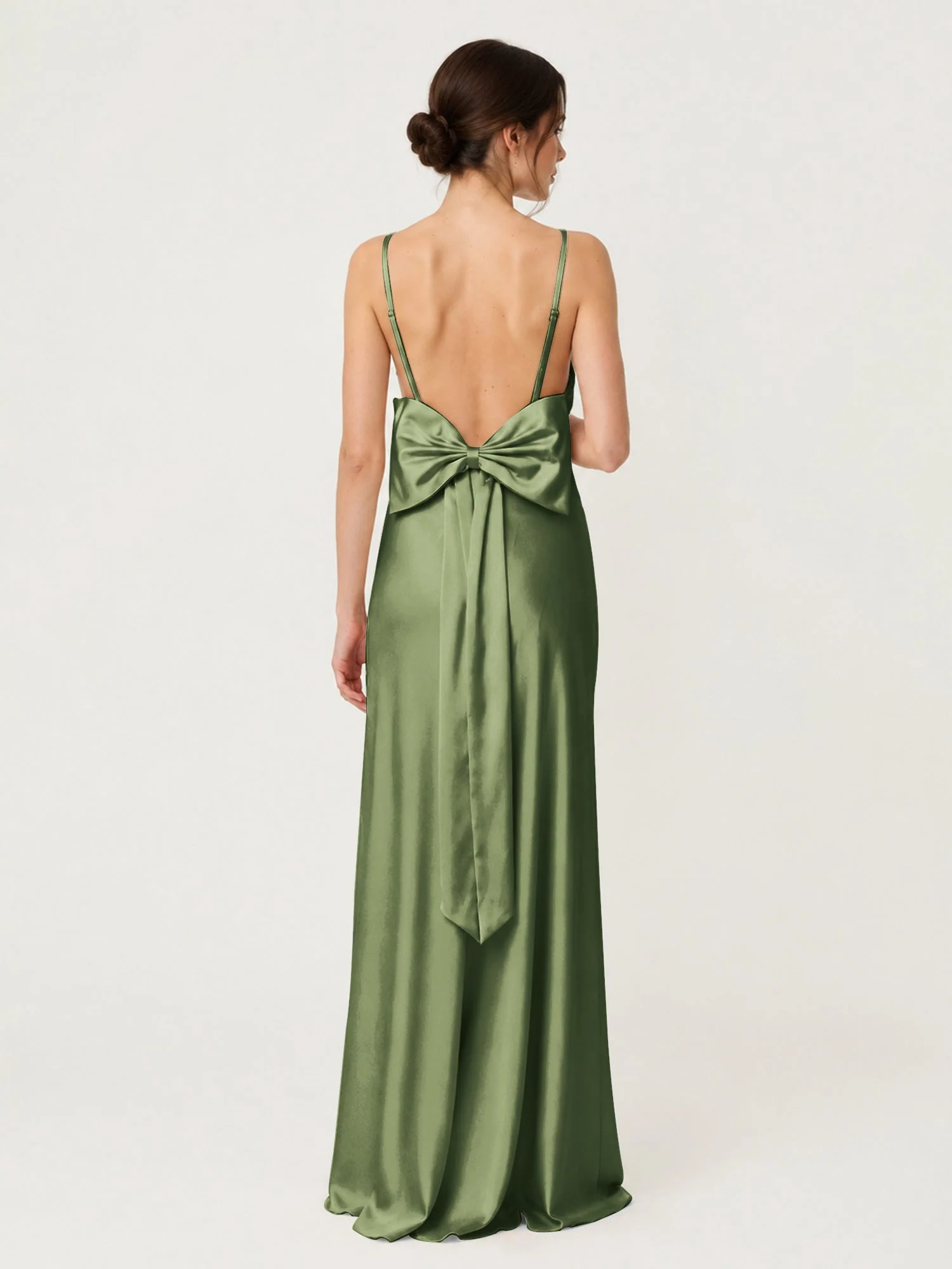 Satin Maxikleid mit Spaghettiträgern und Schleifendetail am Rücken Olivgrün - Image 2
