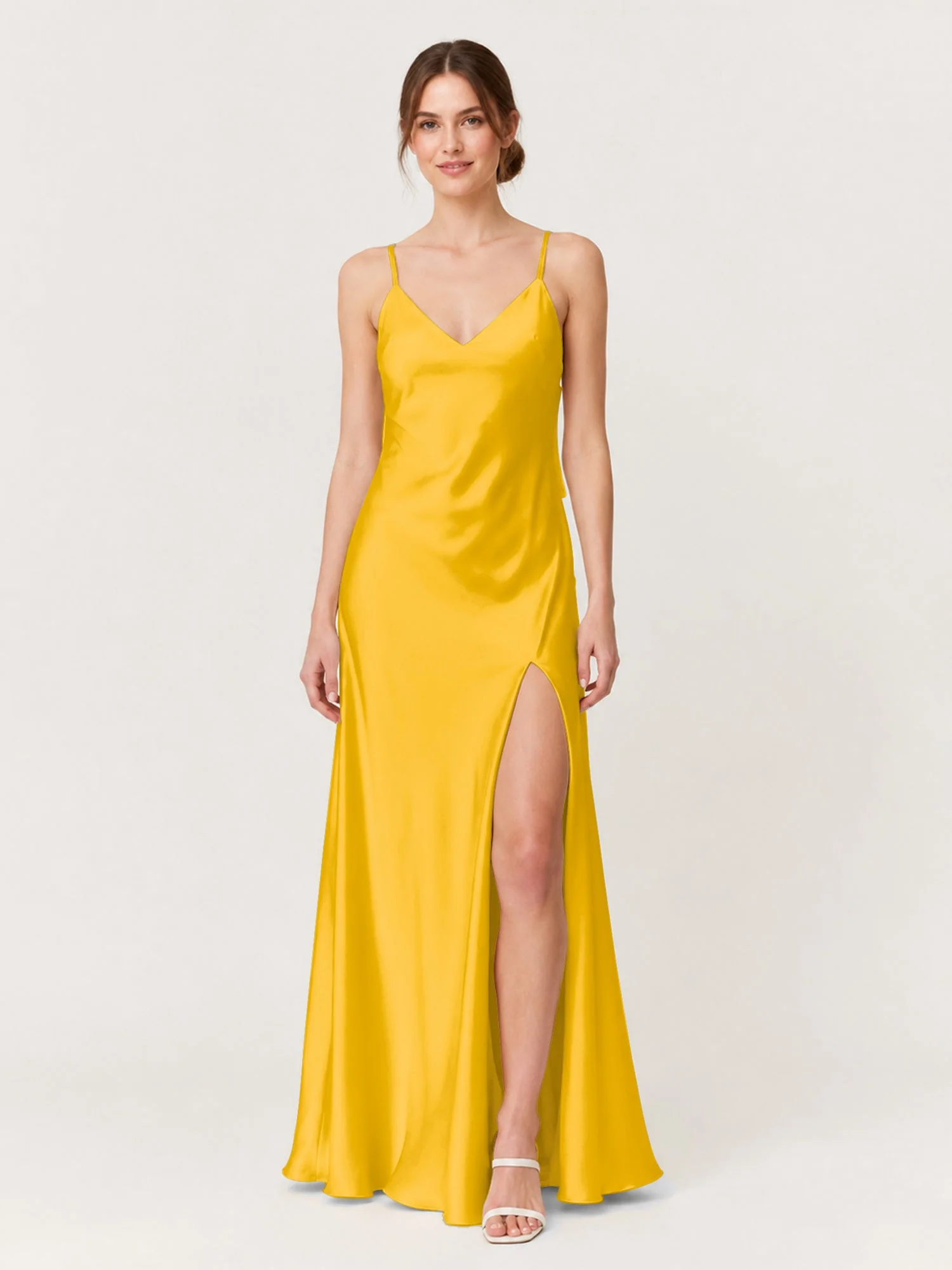 Satin Maxikleid mit Spaghettiträgern und Schleifendetail am Rücken Ringelblume