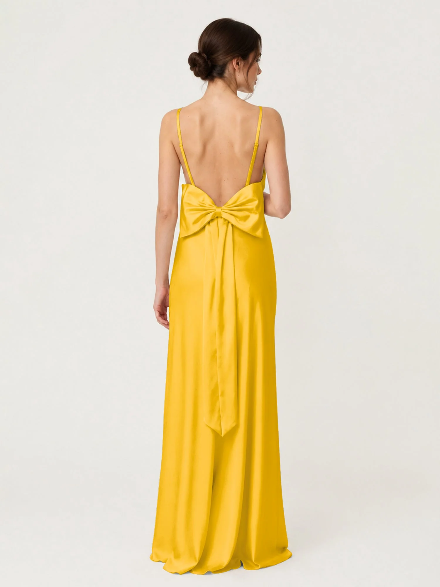 Satin Maxikleid mit Spaghettiträgern und Schleifendetail am Rücken Ringelblume - Image 2