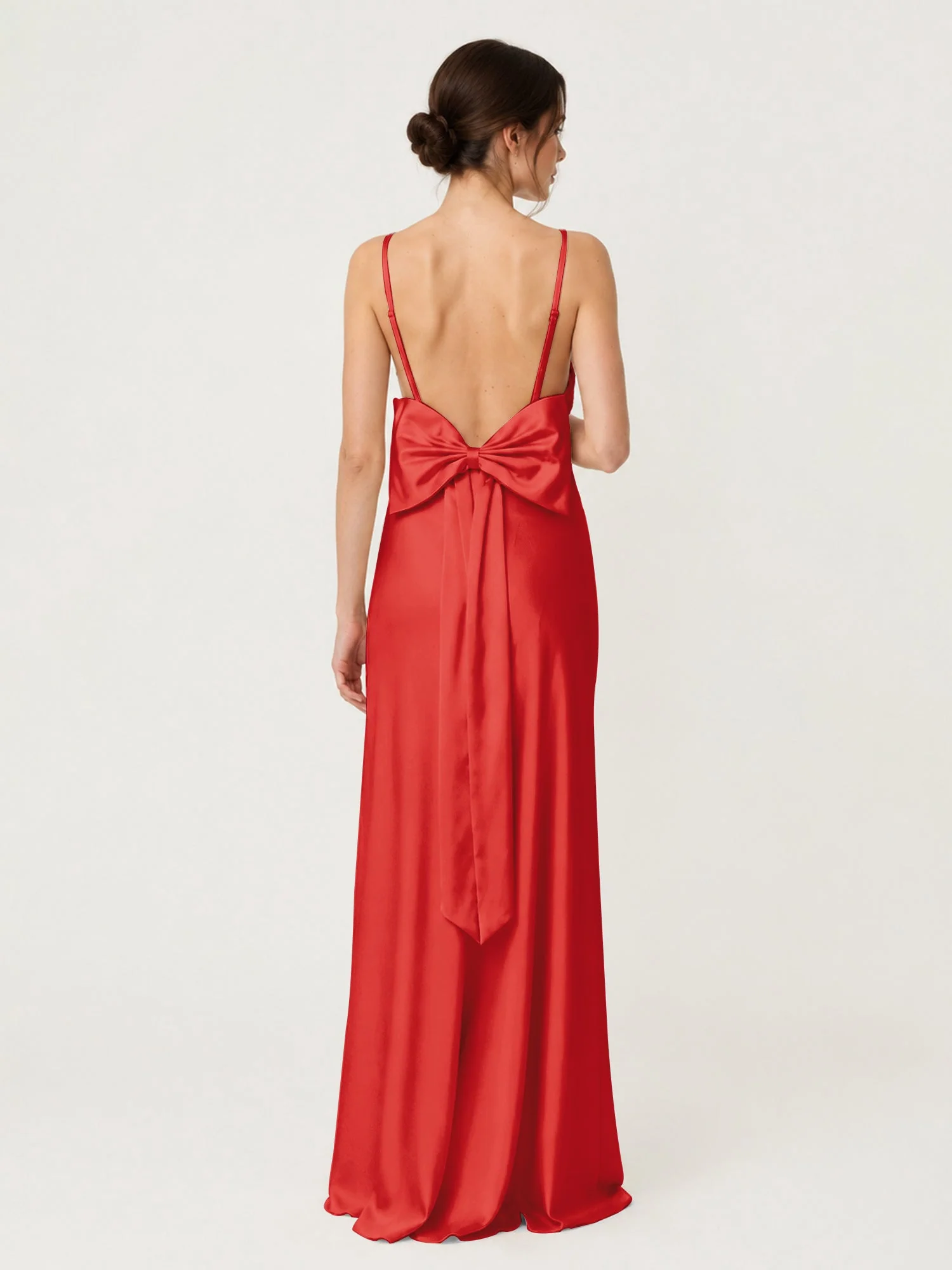 Satin Maxikleid mit Spaghettiträgern und Schleifendetail am Rücken Rot - Image 2