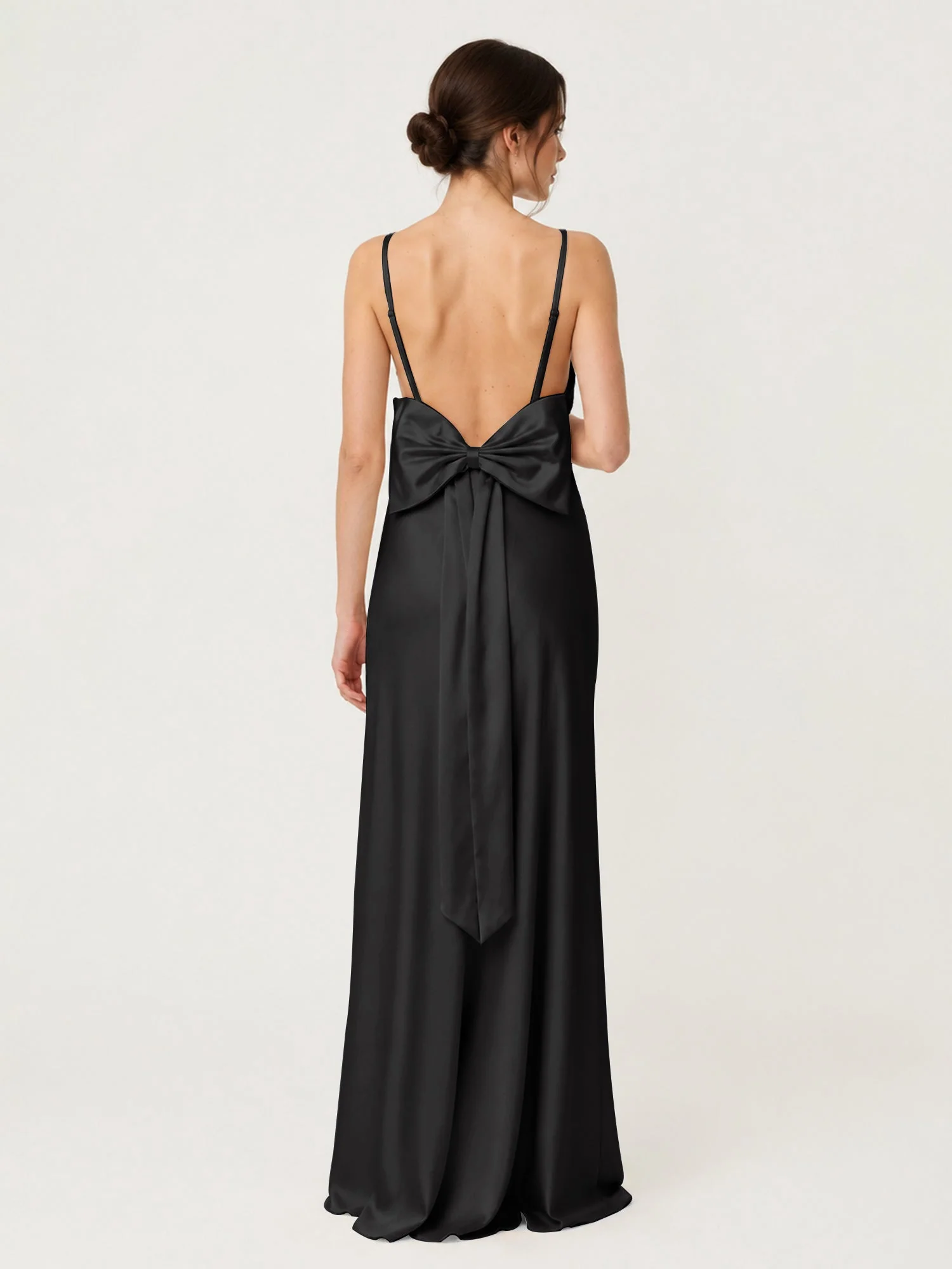 Satin Maxikleid mit Spaghettiträgern und Schleifendetail am Rücken Schwarz - Image 2