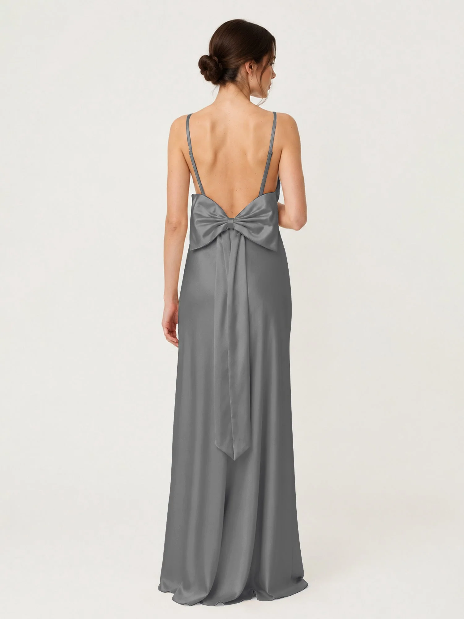 Satin Maxikleid mit Spaghettiträgern und Schleifendetail am Rücken Stahlgrau - Image 2