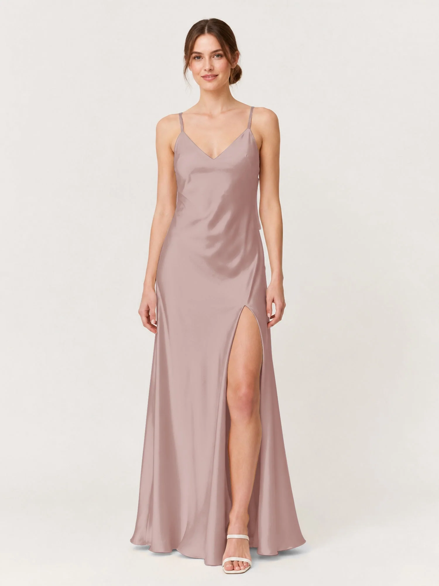 Satin Maxikleid mit Spaghettiträgern und Schleifendetail am Rücken Staubige Rosa
