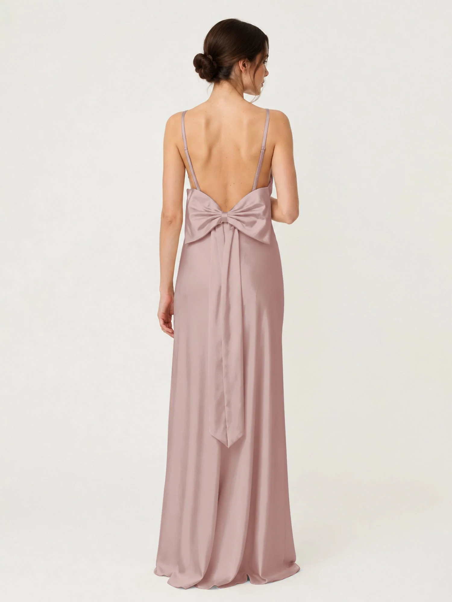 Satin Maxikleid mit Spaghettiträgern und Schleifendetail am Rücken Staubige Rosa - Image 2