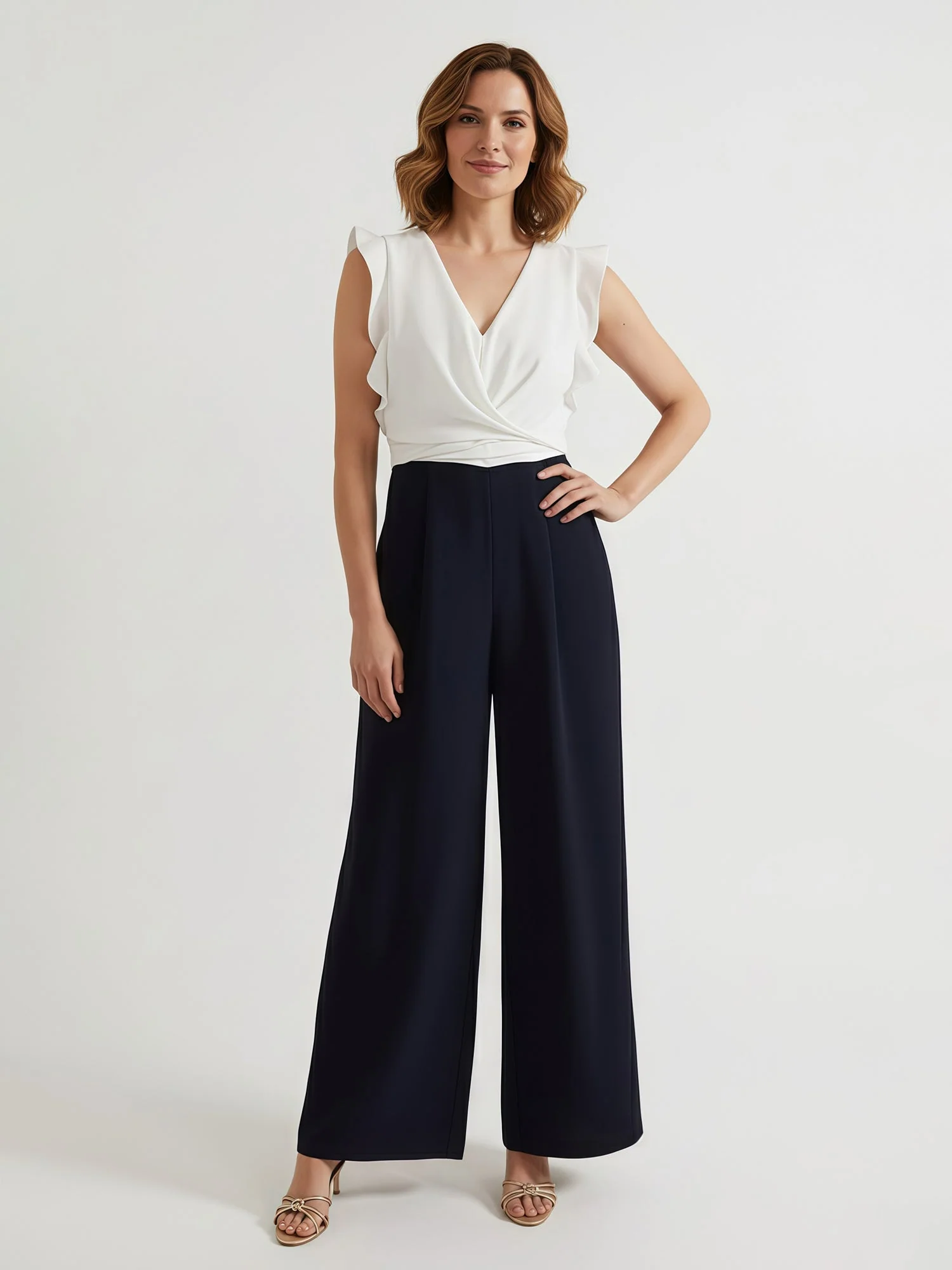 V-Ausschnitt Flatterärmel Plissee Jumpsuit mit Schleife Als Bild