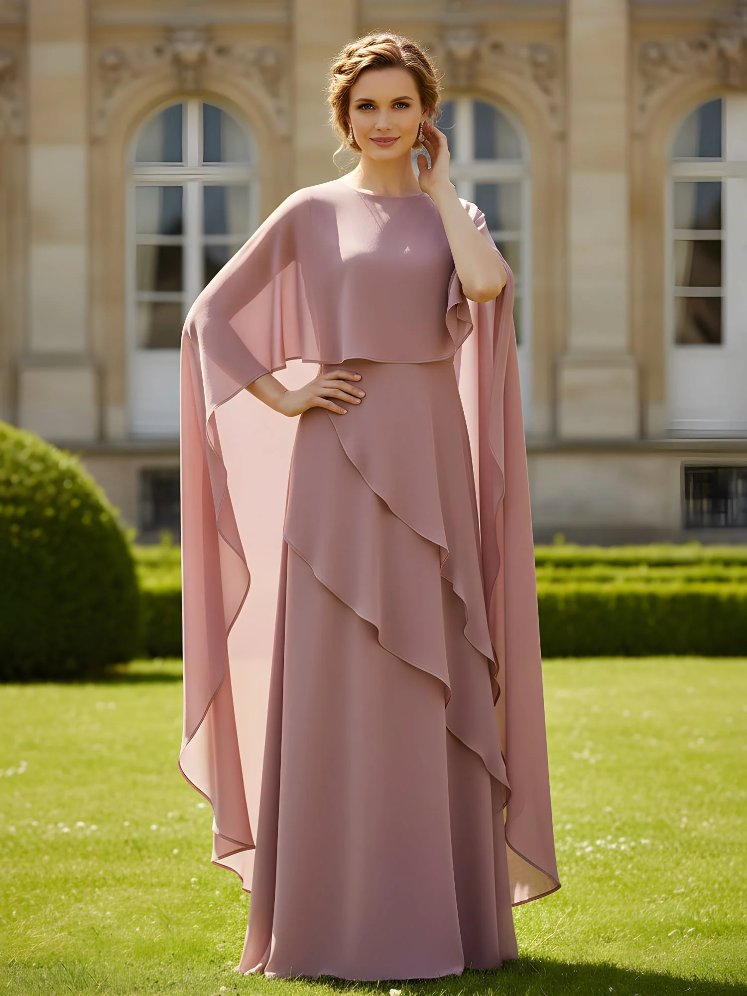 Flatterärmel Scoop Ausschnitt A-Linie Chiffon Kleid Azalee