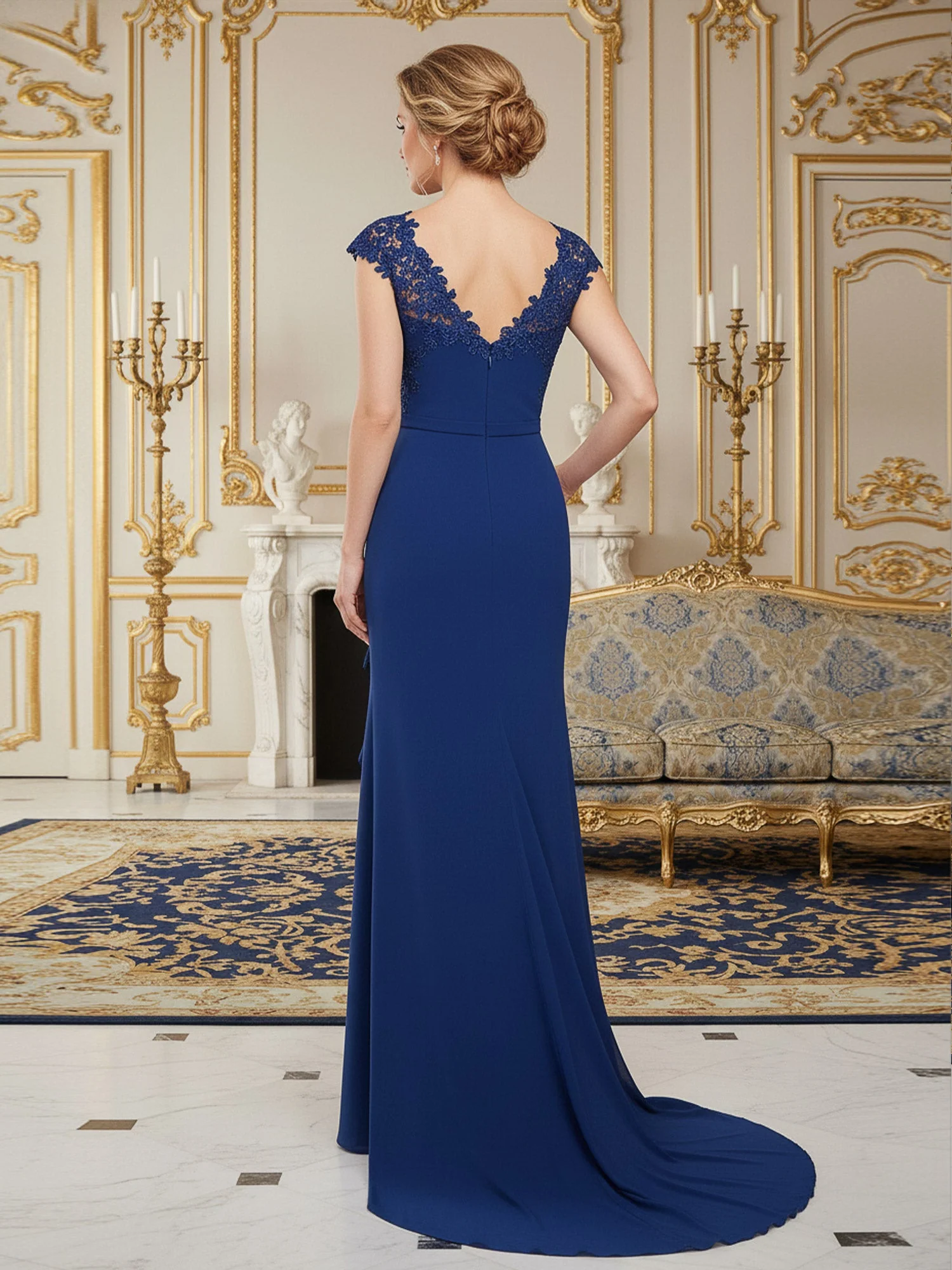 Spitze Cap Ärmel Säule Kleid mit drapiertem V-Ausschnitt Dunkelmarine - Image 2