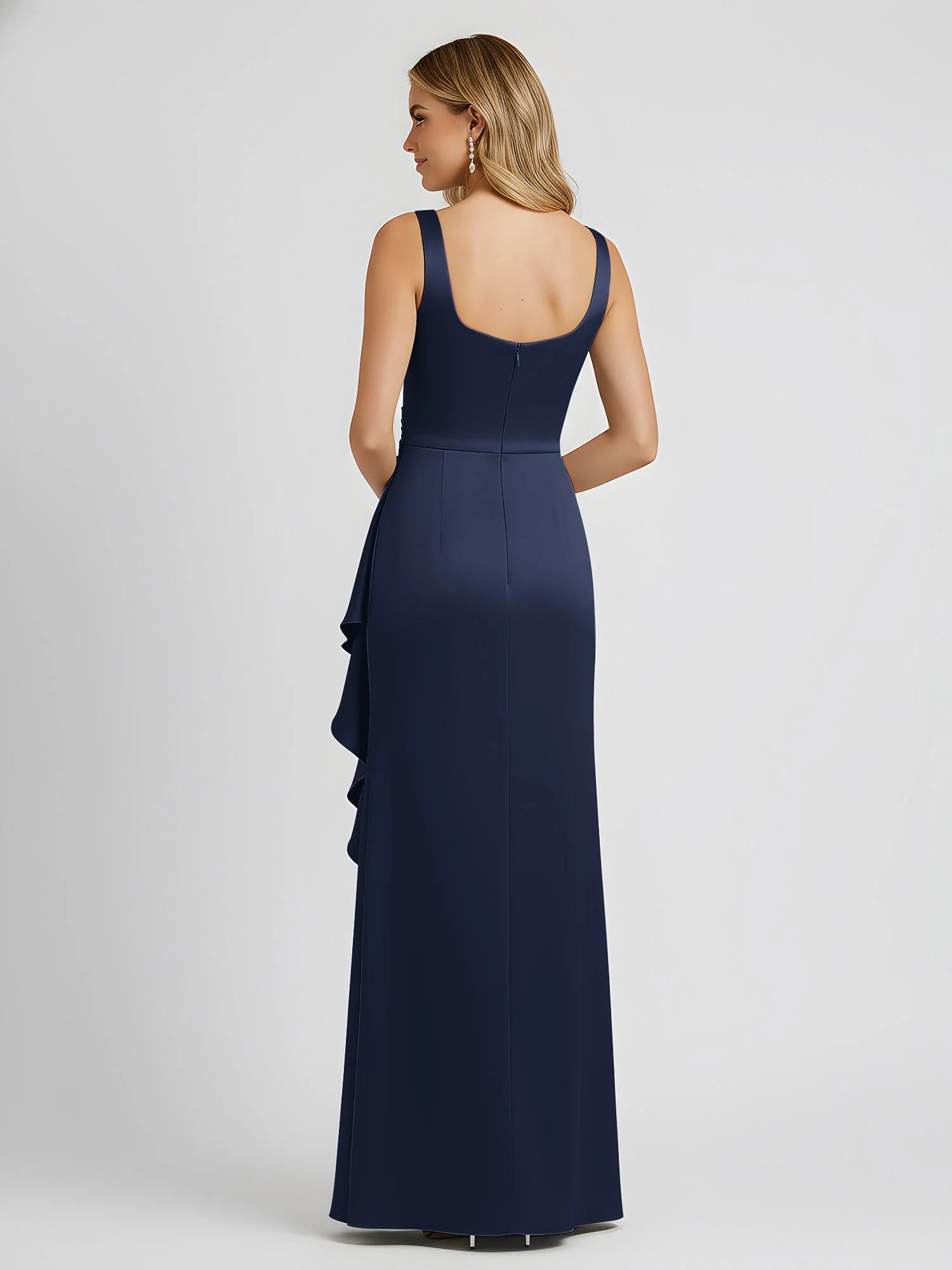 Quadratischer Ausschnitt Rüschen Schlitz Satin Säule Kleid Dunkelmarine - Image 2