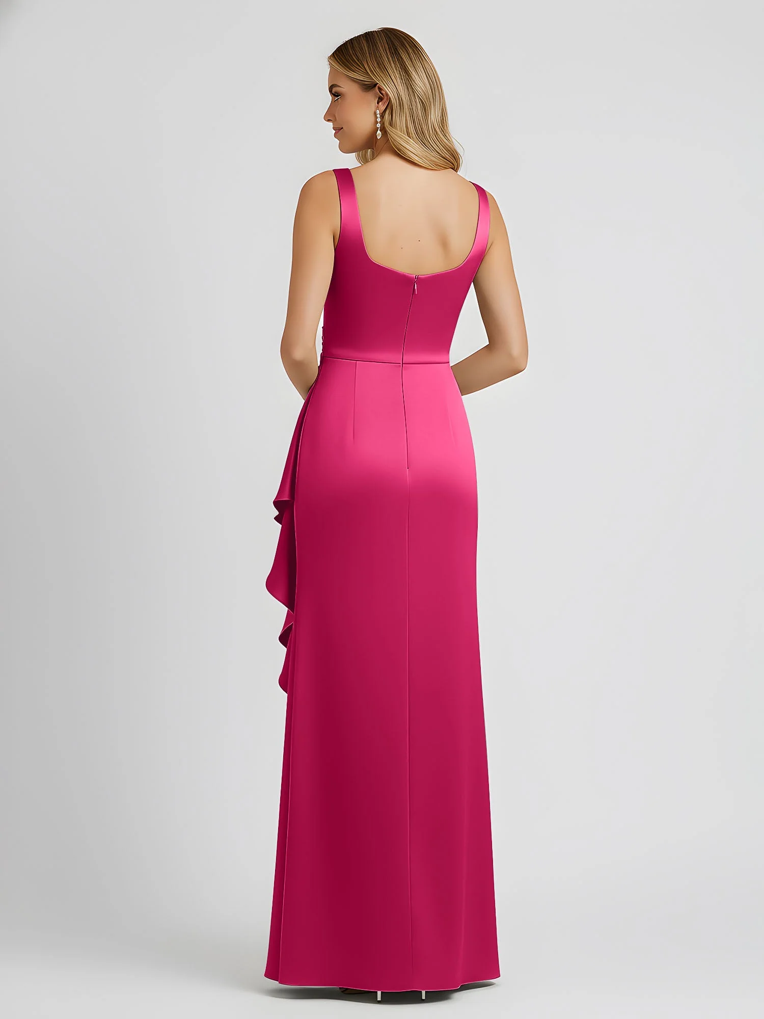 Quadratischer Ausschnitt Rüschen Schlitz Satin Säule Kleid Fuchsia - Image 2
