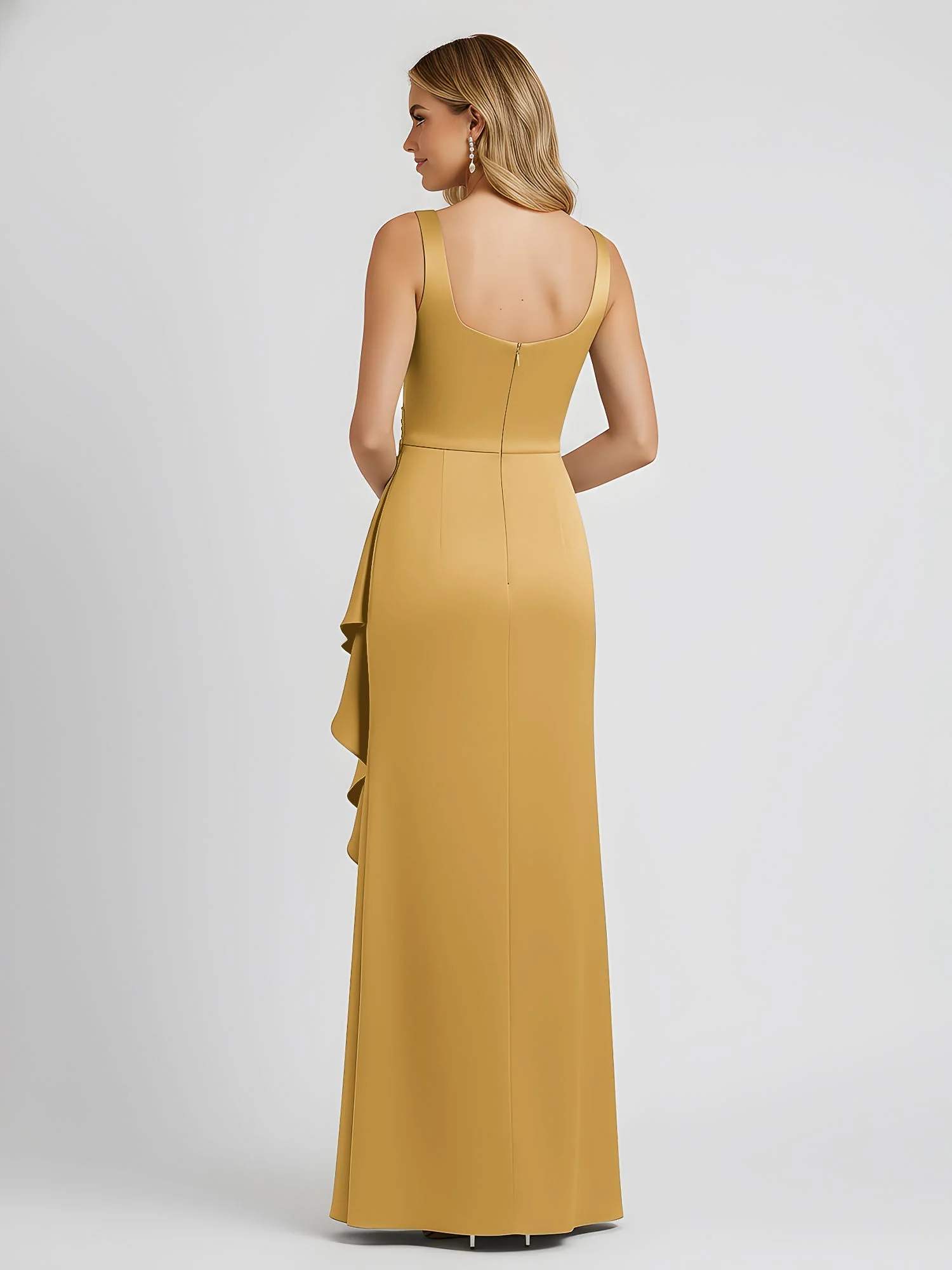 Quadratischer Ausschnitt Rüschen Schlitz Satin Säule Kleid Gold - Image 2