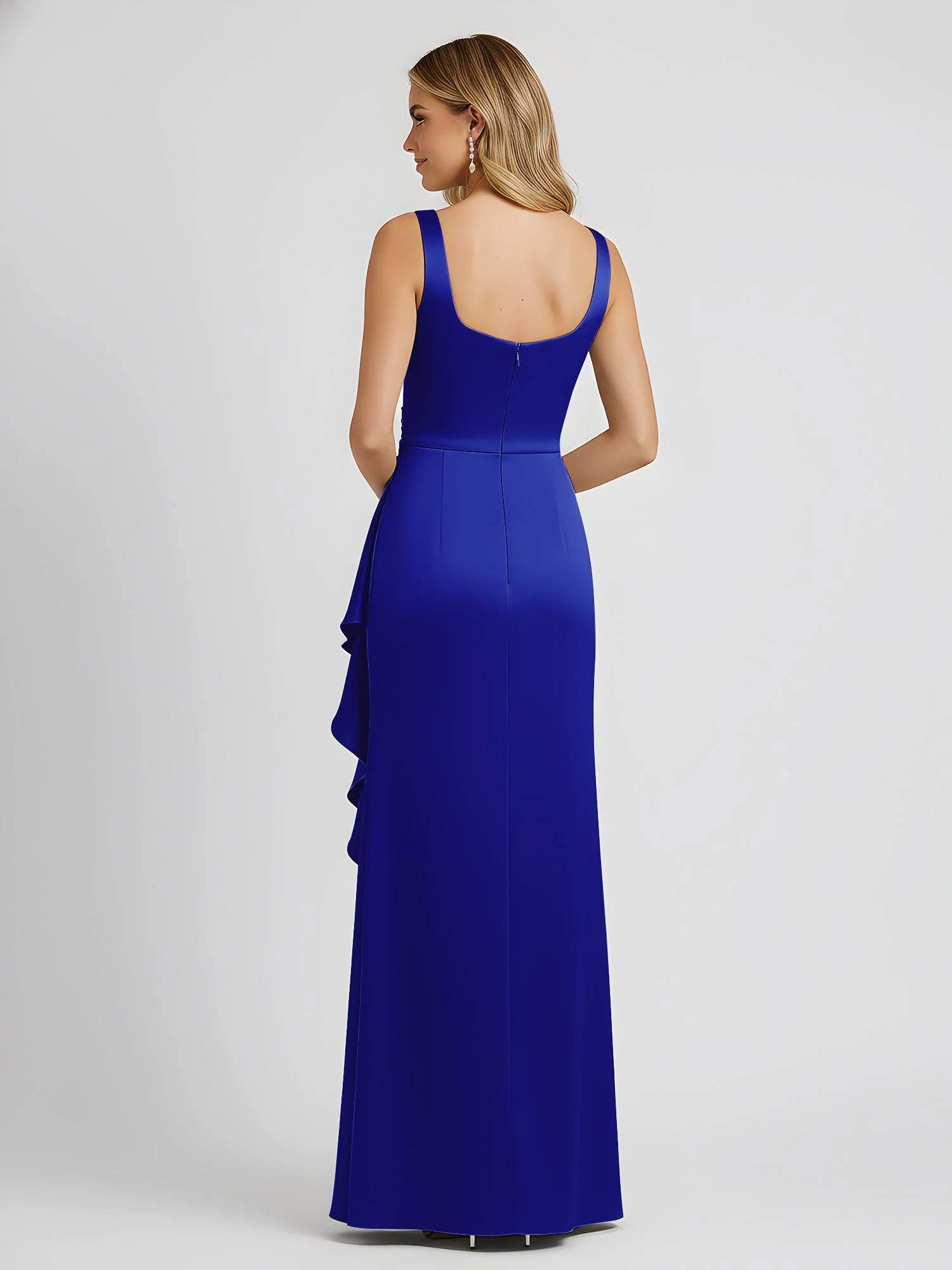 Quadratischer Ausschnitt Rüschen Schlitz Satin Säule Kleid Königsblau - Image 2