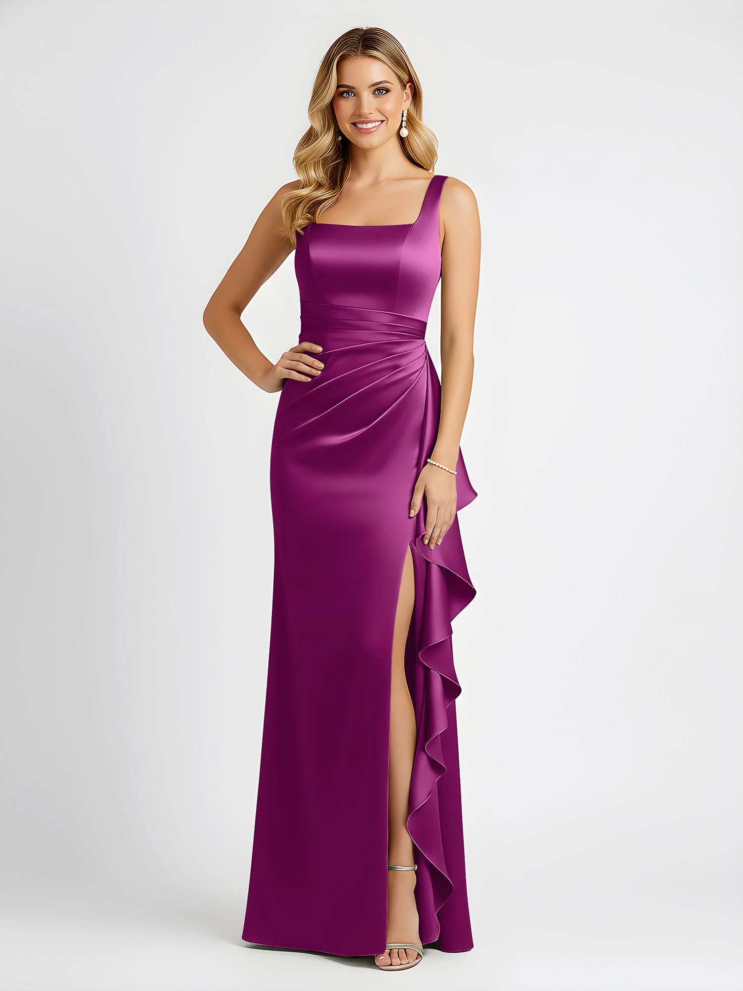 Quadratischer Ausschnitt Rüschen Schlitz Satin Säule Kleid Orchidee - Image 3
