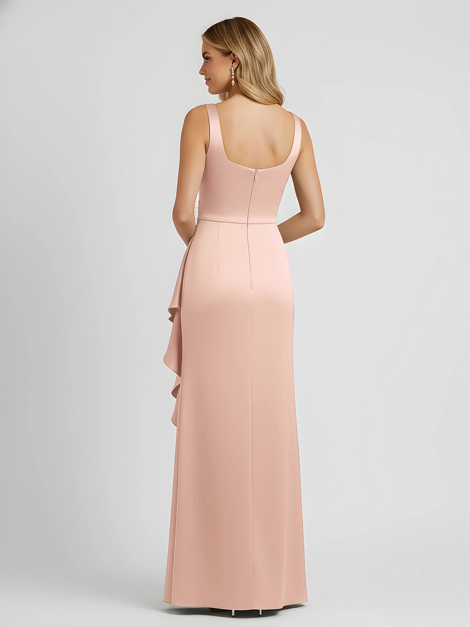 Quadratischer Ausschnitt Rüschen Schlitz Satin Säule Kleid Perlrosa - Image 2