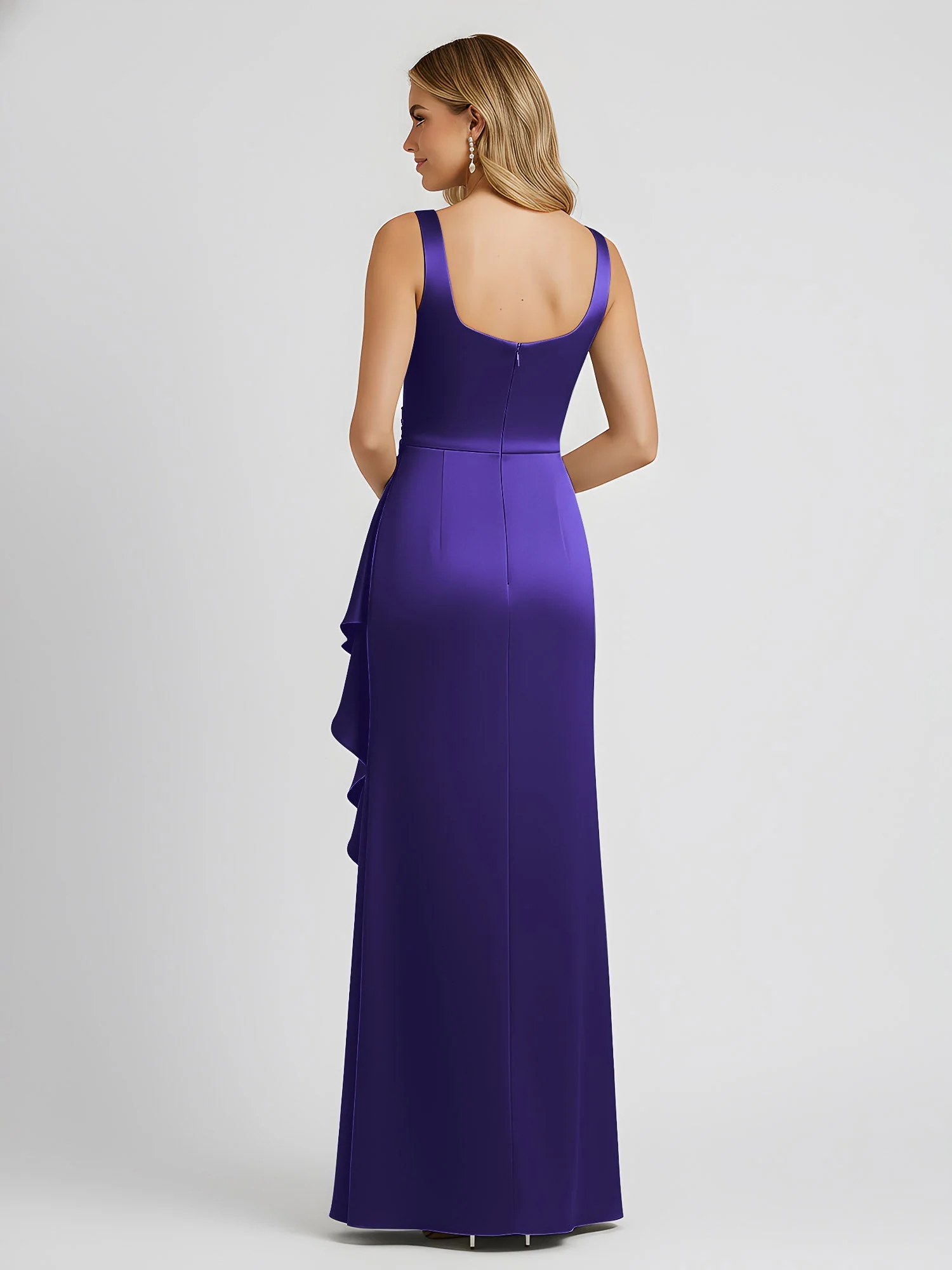 Quadratischer Ausschnitt Rüschen Schlitz Satin Säule Kleid Regentschaft - Image 2