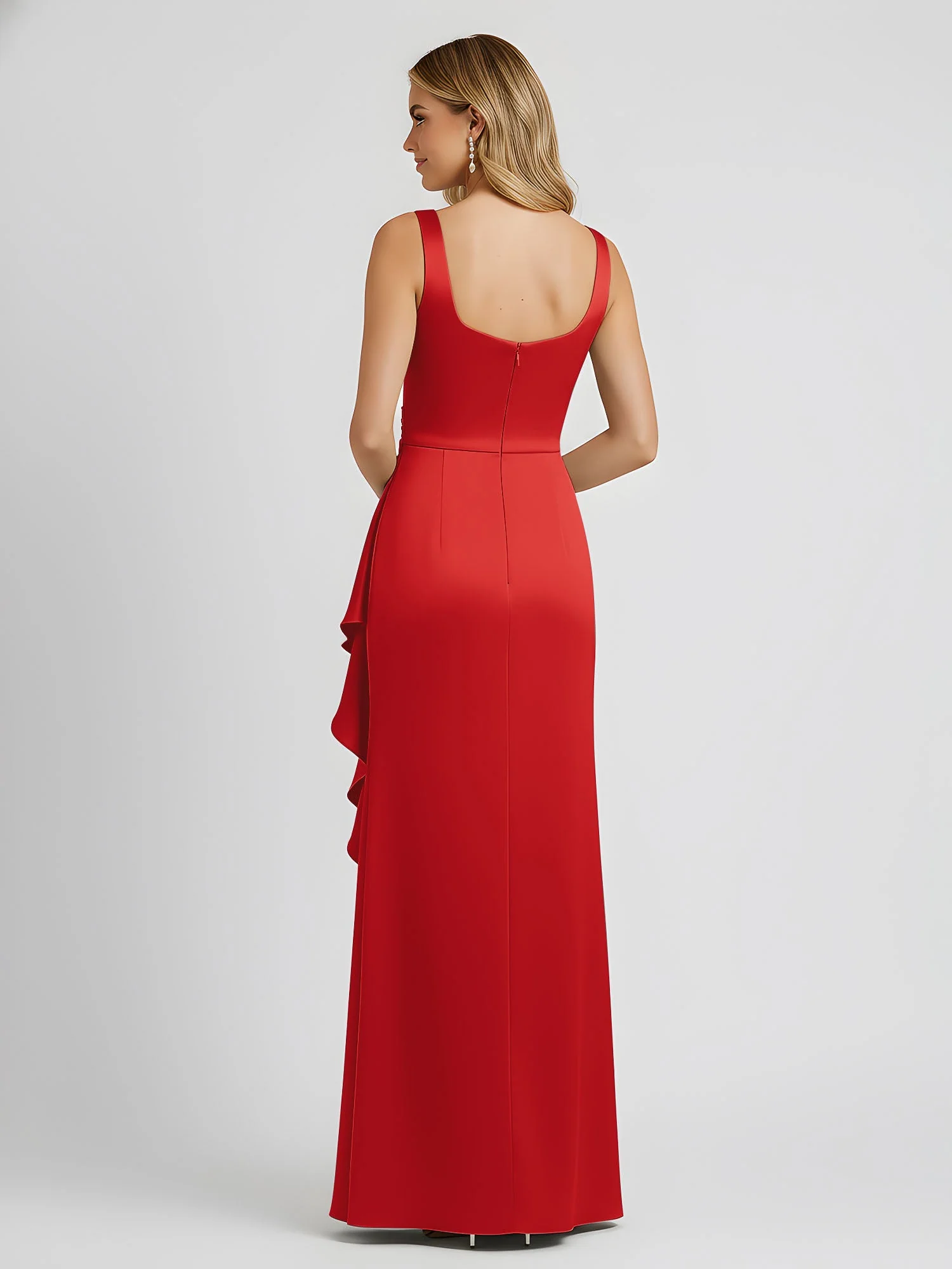Quadratischer Ausschnitt Rüschen Schlitz Satin Säule Kleid Rot - Image 2