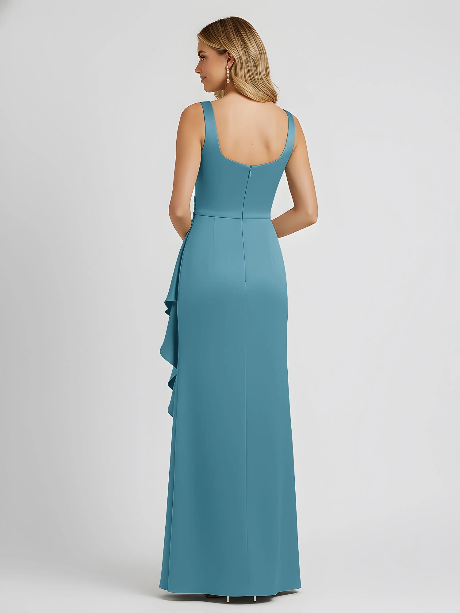 Quadratischer Ausschnitt Rüschen Schlitz Satin Säule Kleid Schwimmbadblau - Image 2