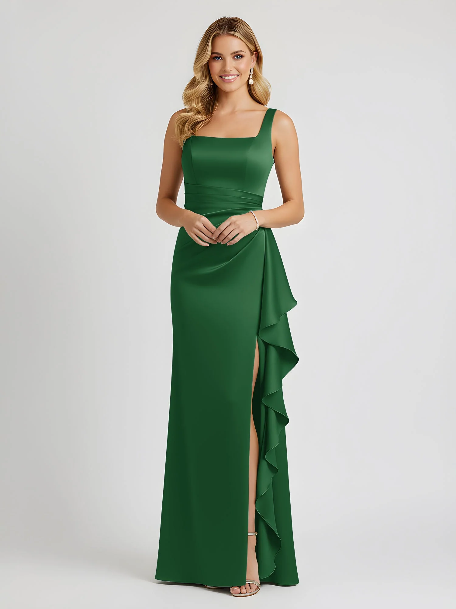 Quadratischer Ausschnitt Rüschen Schlitz Satin Säule Kleid Smaragd