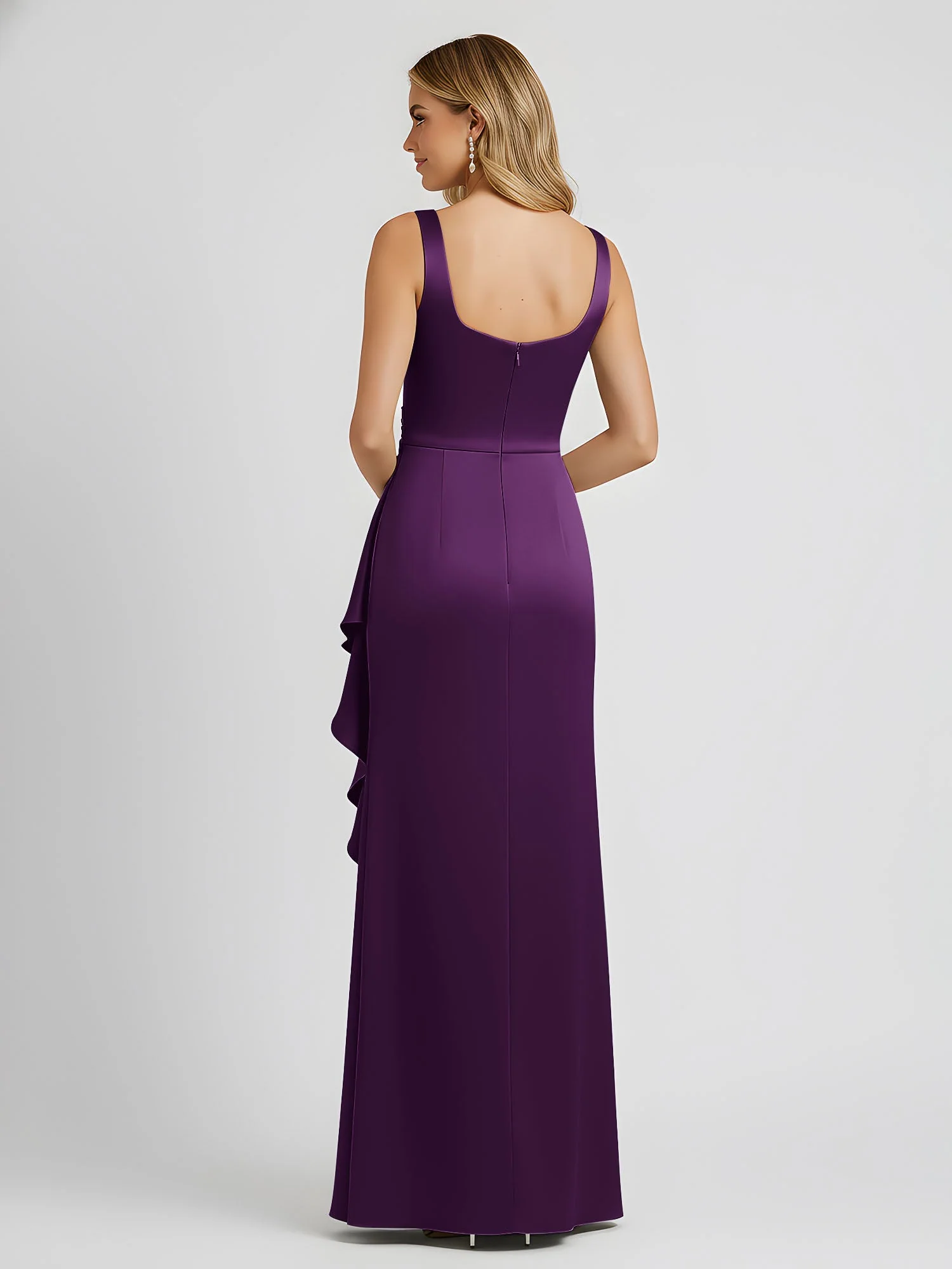 Quadratischer Ausschnitt Rüschen Schlitz Satin Säule Kleid Traube - Image 2