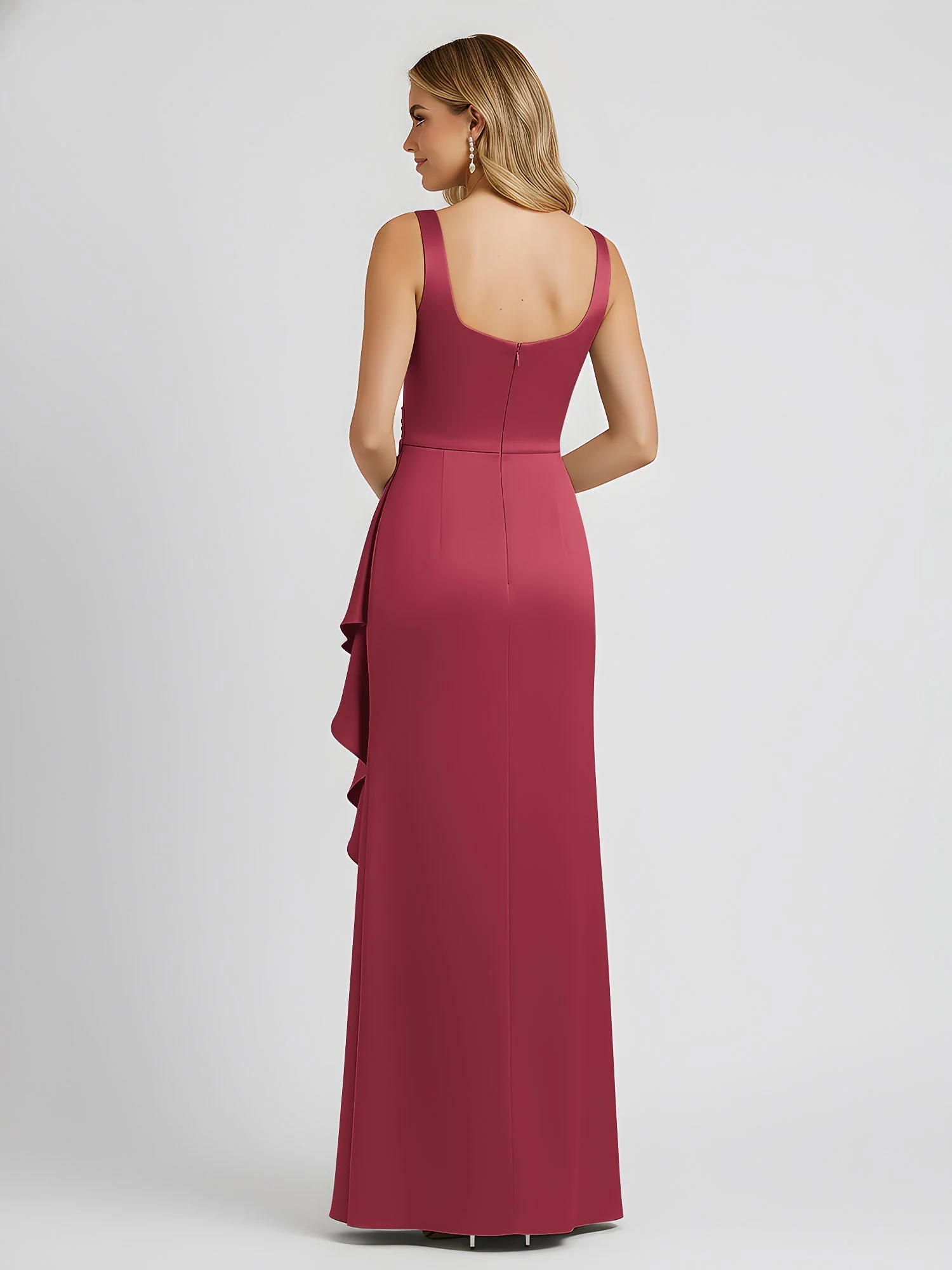 Quadratischer Ausschnitt Rüschen Schlitz Satin Säule Kleid Zimtrose - Image 2