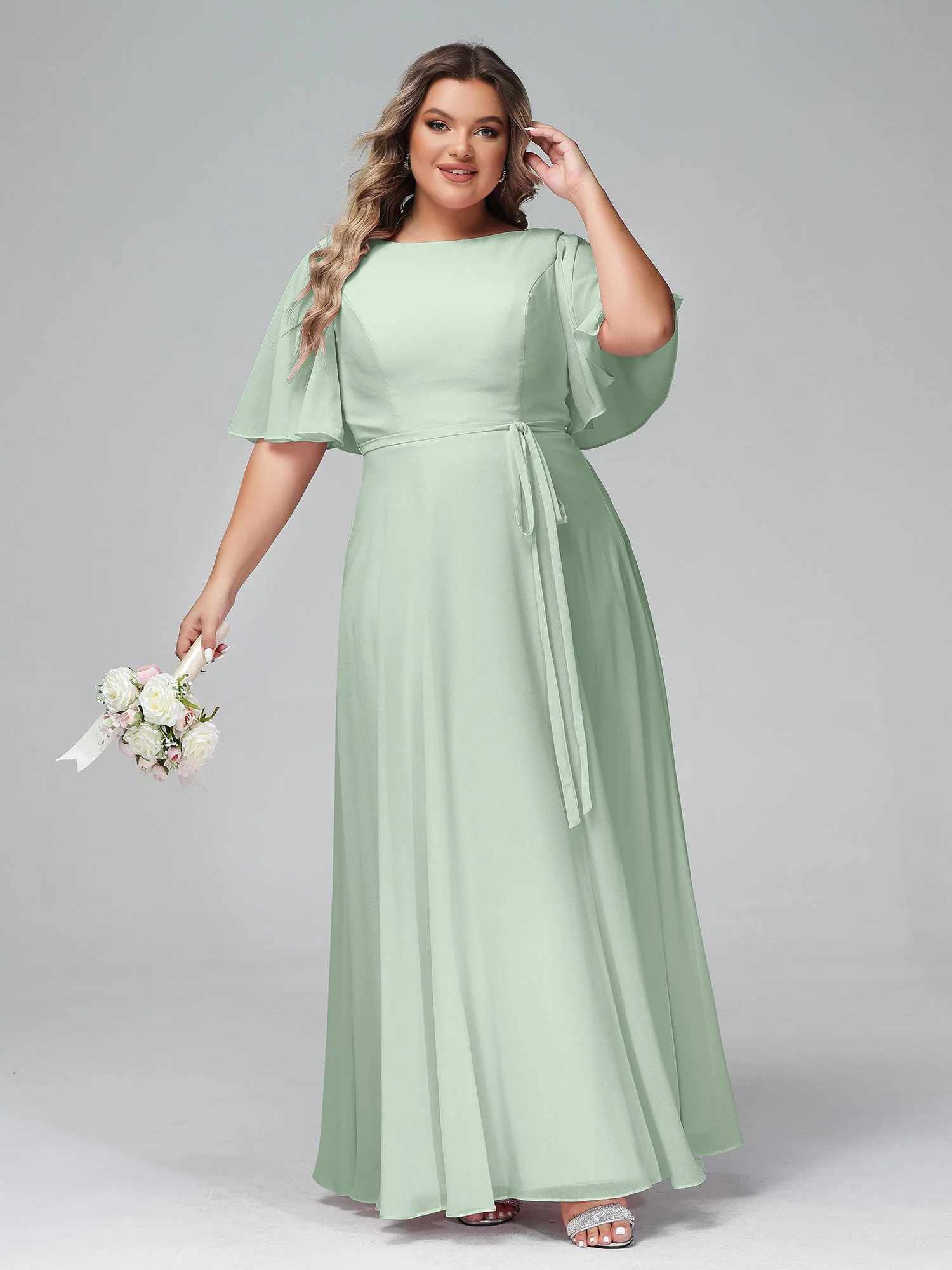 Flatter Ärmeln Chiffon Maxi Kleider mit Schleife Agavengrün - Image 10