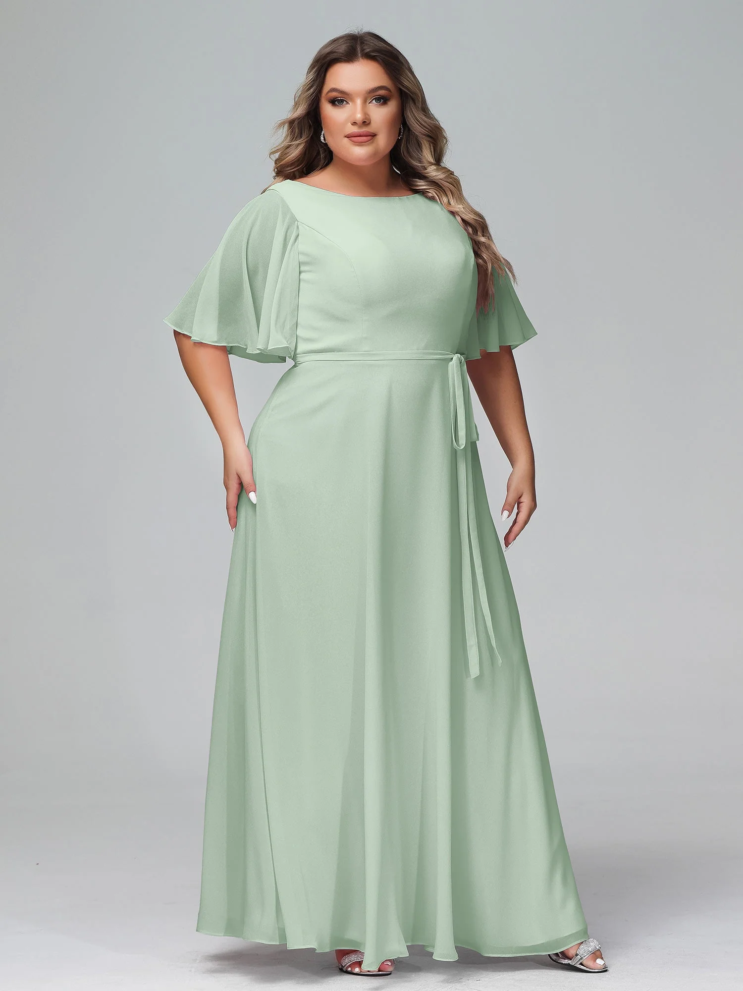 Flatter Ärmeln Chiffon Maxi Kleider mit Schleife Agavengrün - Image 11