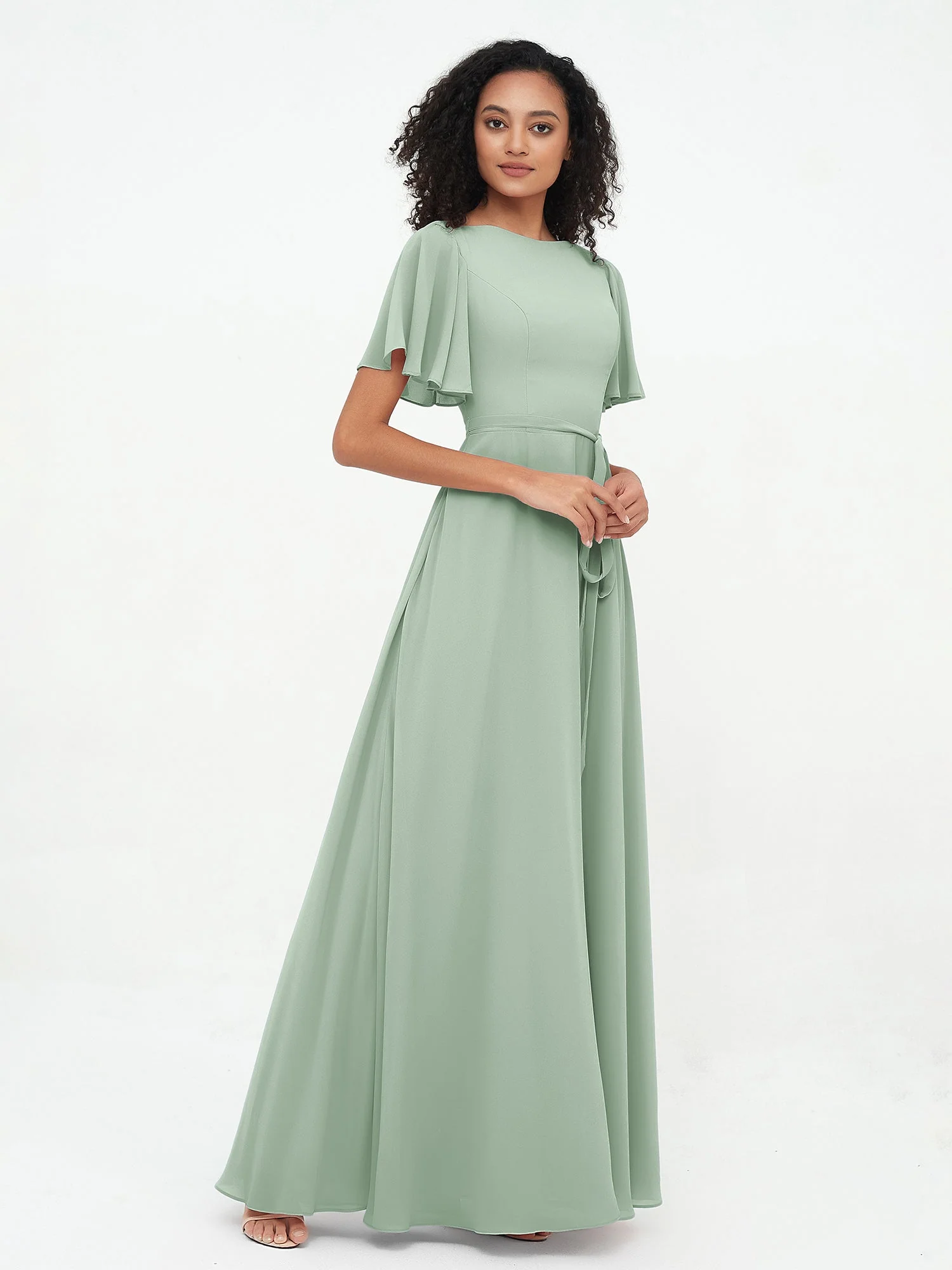 Flatter Ärmeln Chiffon Maxi Kleider mit Schleife Agavengrün - Image 3