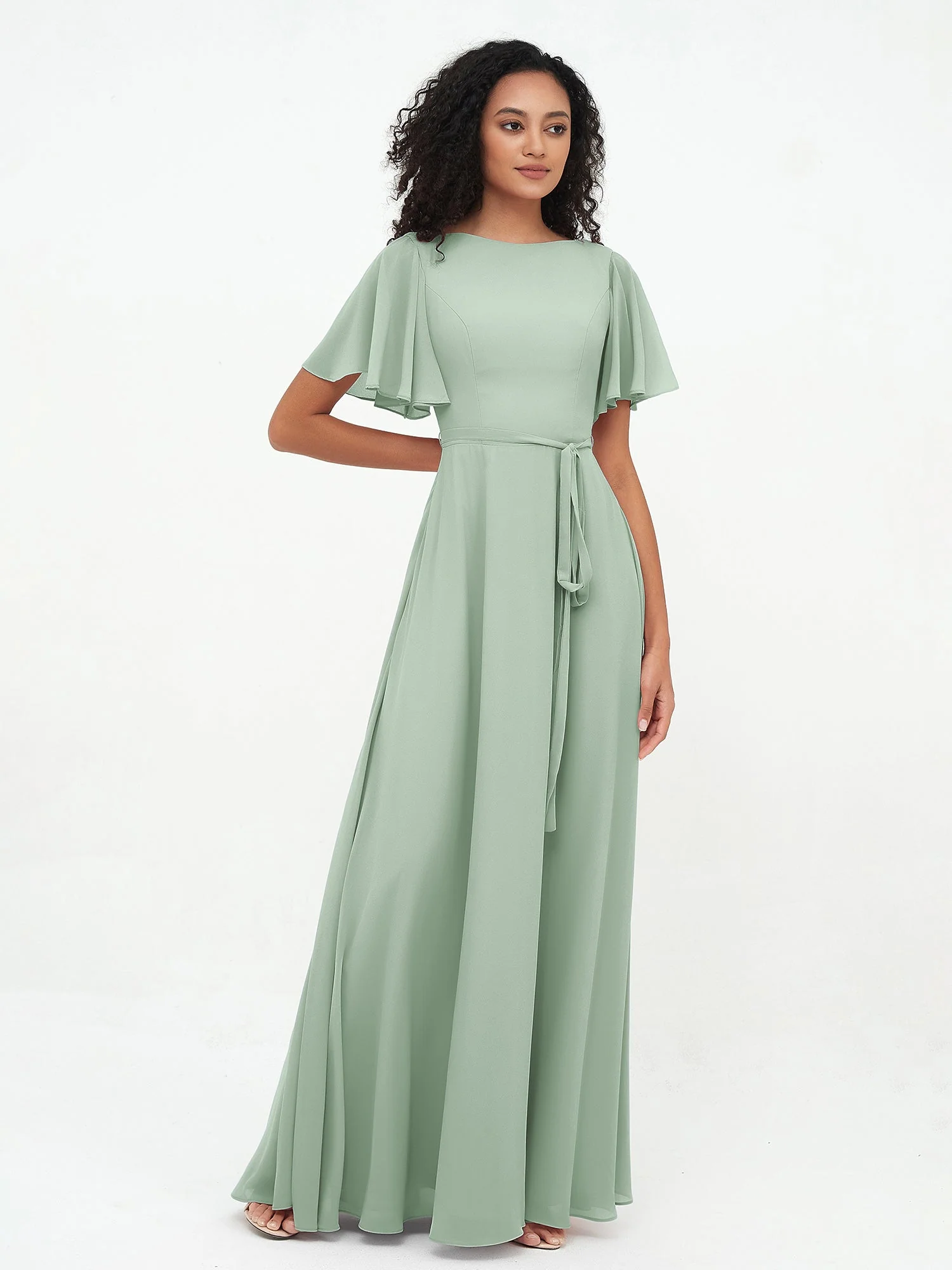 Flatter Ärmeln Chiffon Maxi Kleider mit Schleife Agavengrün - Image 4