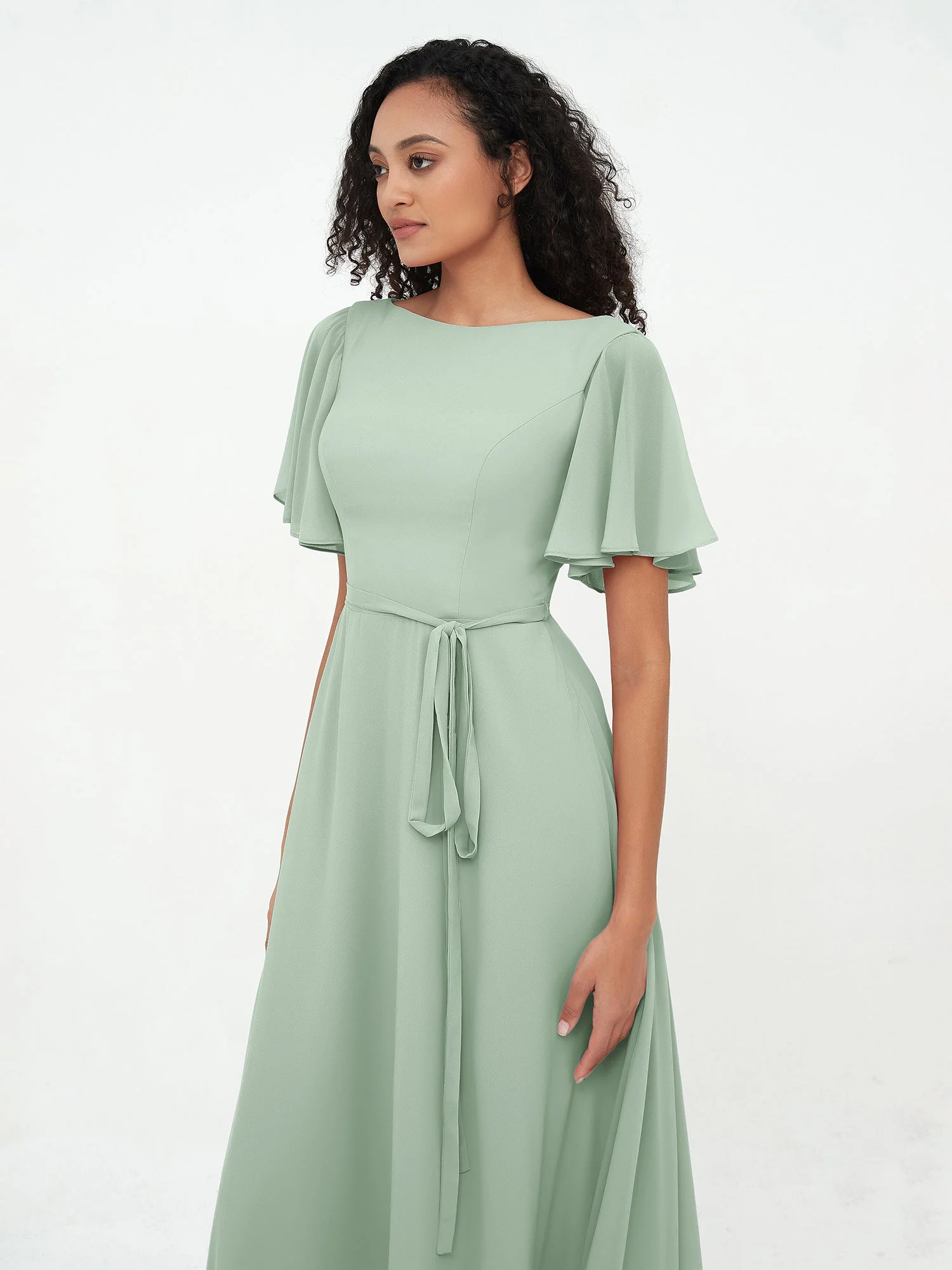 Flatter Ärmeln Chiffon Maxi Kleider mit Schleife Agavengrün - Image 5