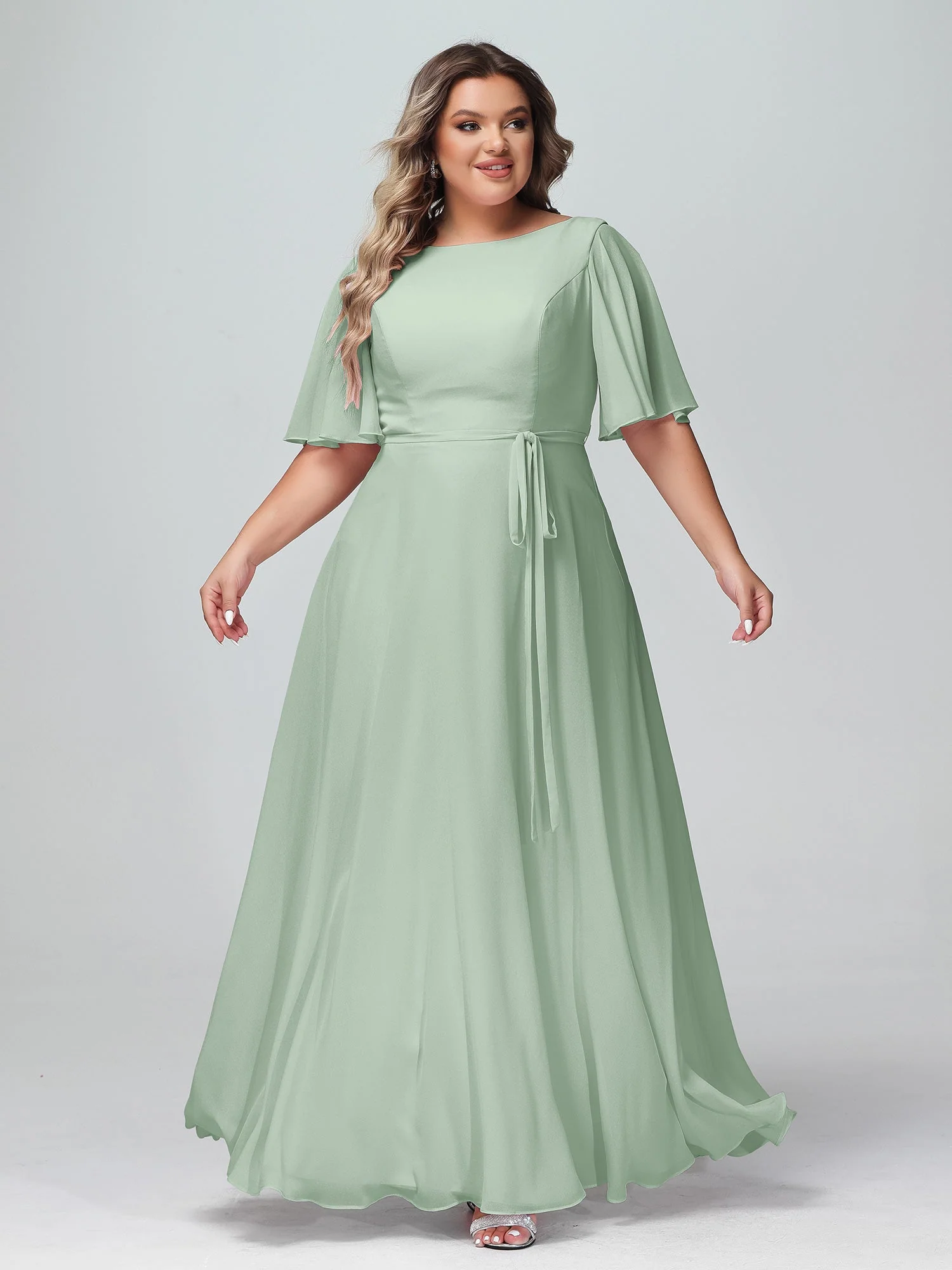 Flatter Ärmeln Chiffon Maxi Kleider mit Schleife Agavengrün - Image 6