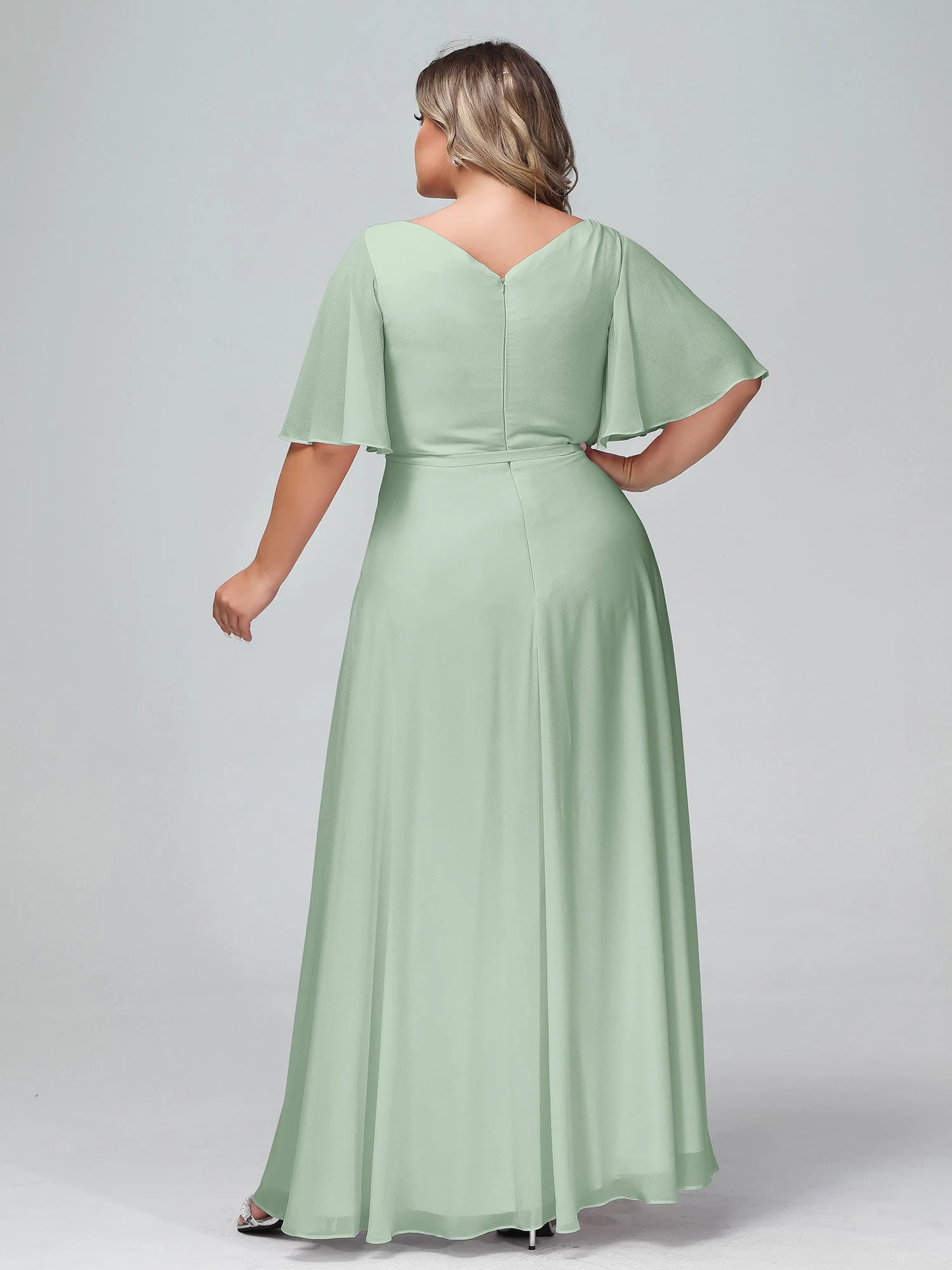 Flatter Ärmeln Chiffon Maxi Kleider mit Schleife Agavengrün - Image 7