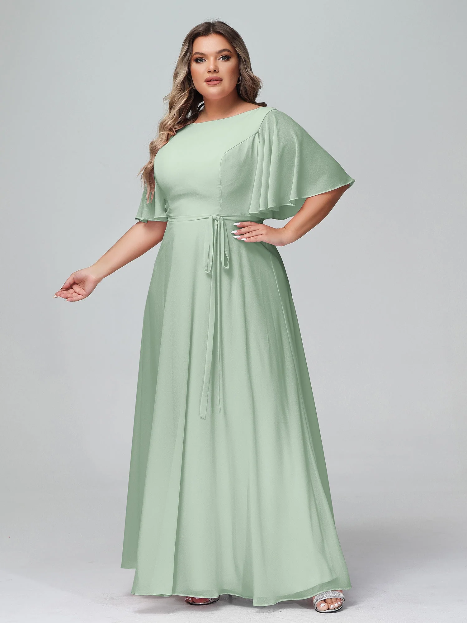 Flatter Ärmeln Chiffon Maxi Kleider mit Schleife Agavengrün - Image 8
