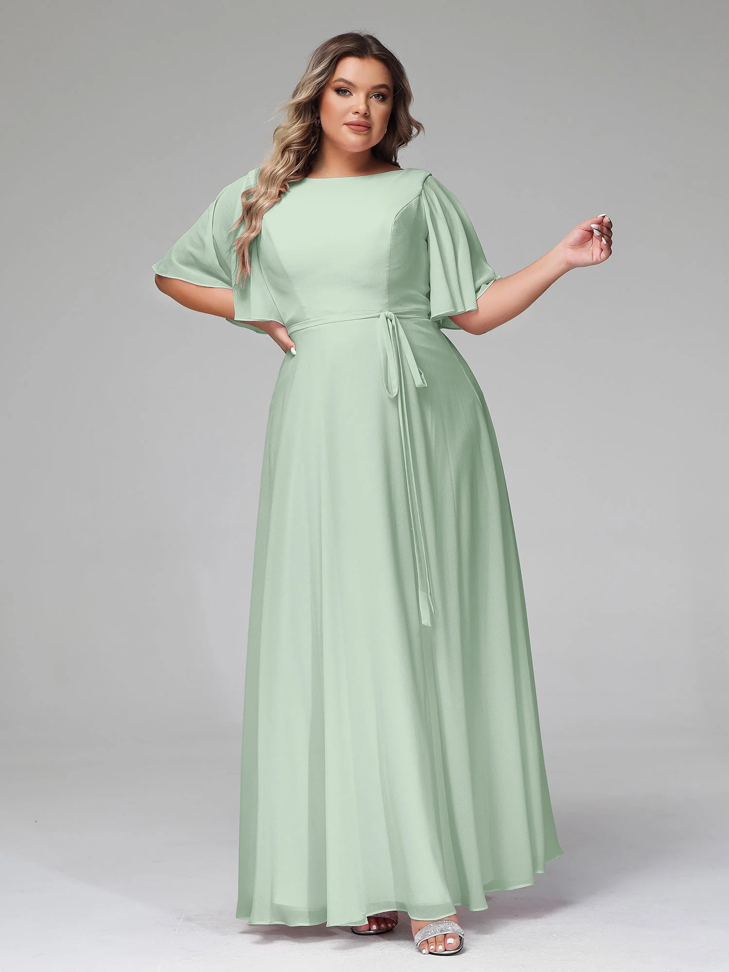 Flatter Ärmeln Chiffon Maxi Kleider mit Schleife Agavengrün - Image 9