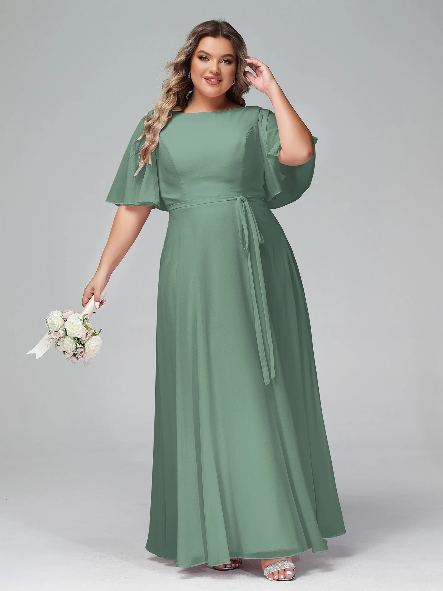 Flatter Ärmeln Chiffon Maxi Kleider mit Schleife Eukalyptus - Image 10