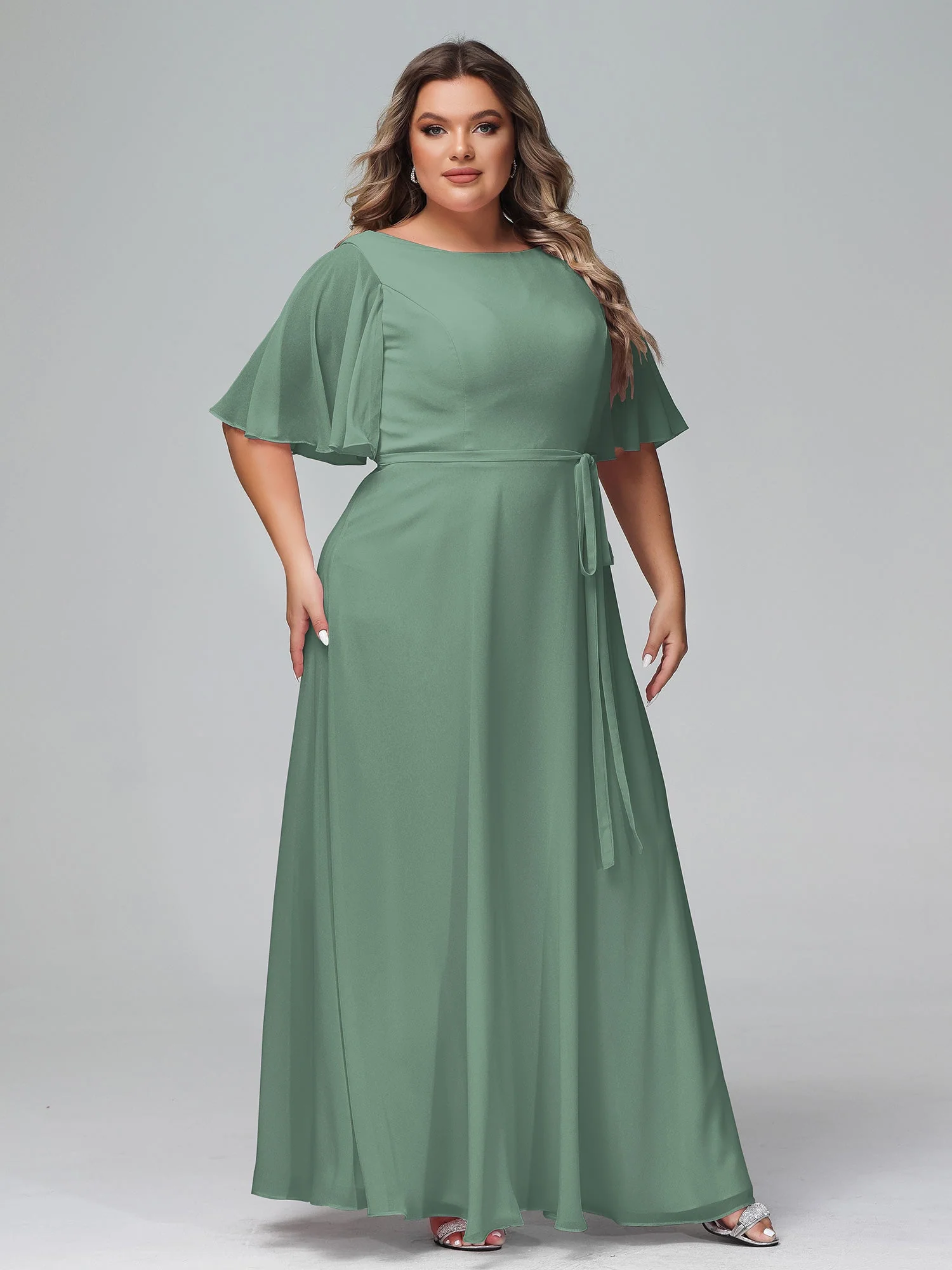 Flatter Ärmeln Chiffon Maxi Kleider mit Schleife Eukalyptus - Image 11