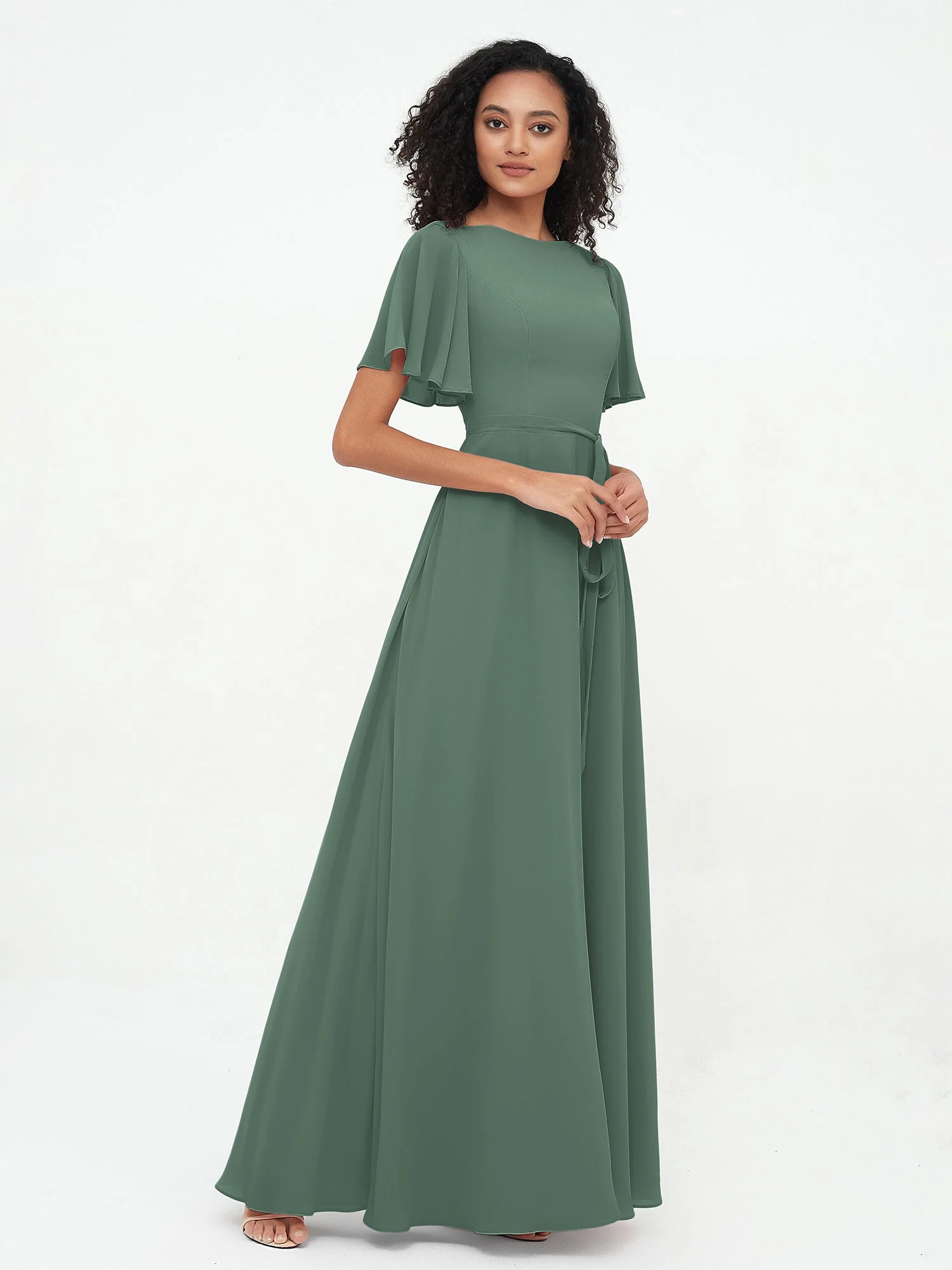 Flatter Ärmeln Chiffon Maxi Kleider mit Schleife Eukalyptus - Image 3