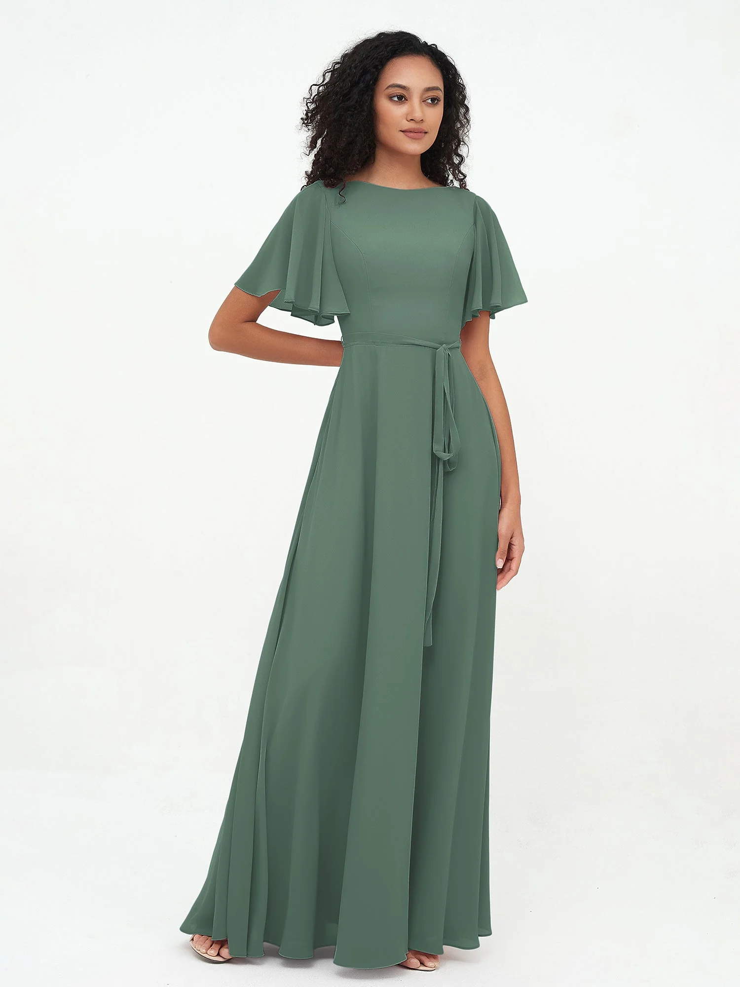 Flatter Ärmeln Chiffon Maxi Kleider mit Schleife Eukalyptus - Image 4