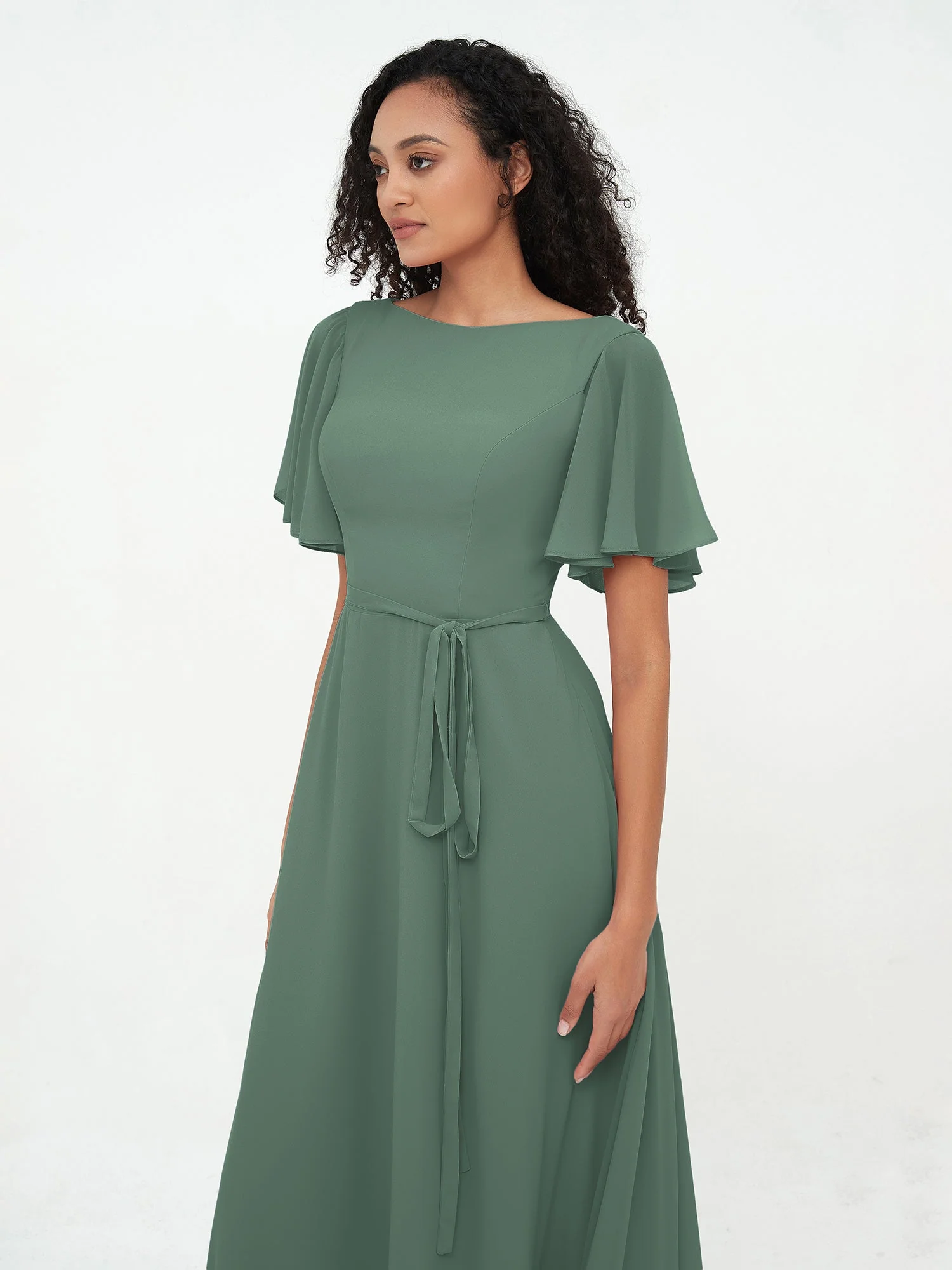 Flatter Ärmeln Chiffon Maxi Kleider mit Schleife Eukalyptus - Image 5
