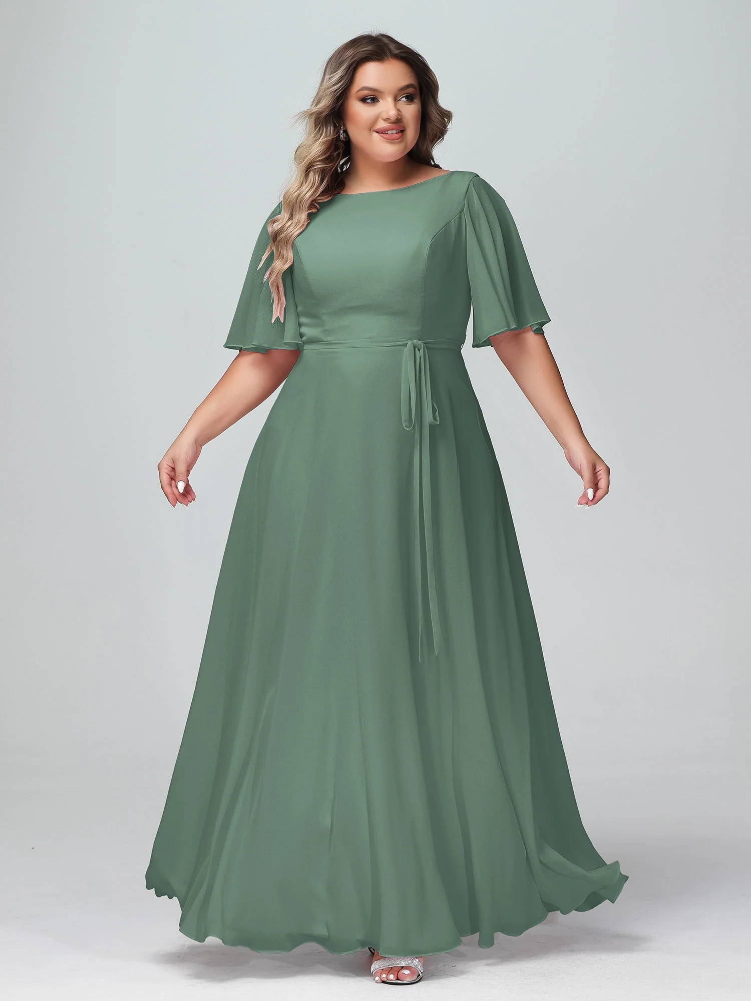 Flatter Ärmeln Chiffon Maxi Kleider mit Schleife Eukalyptus - Image 6
