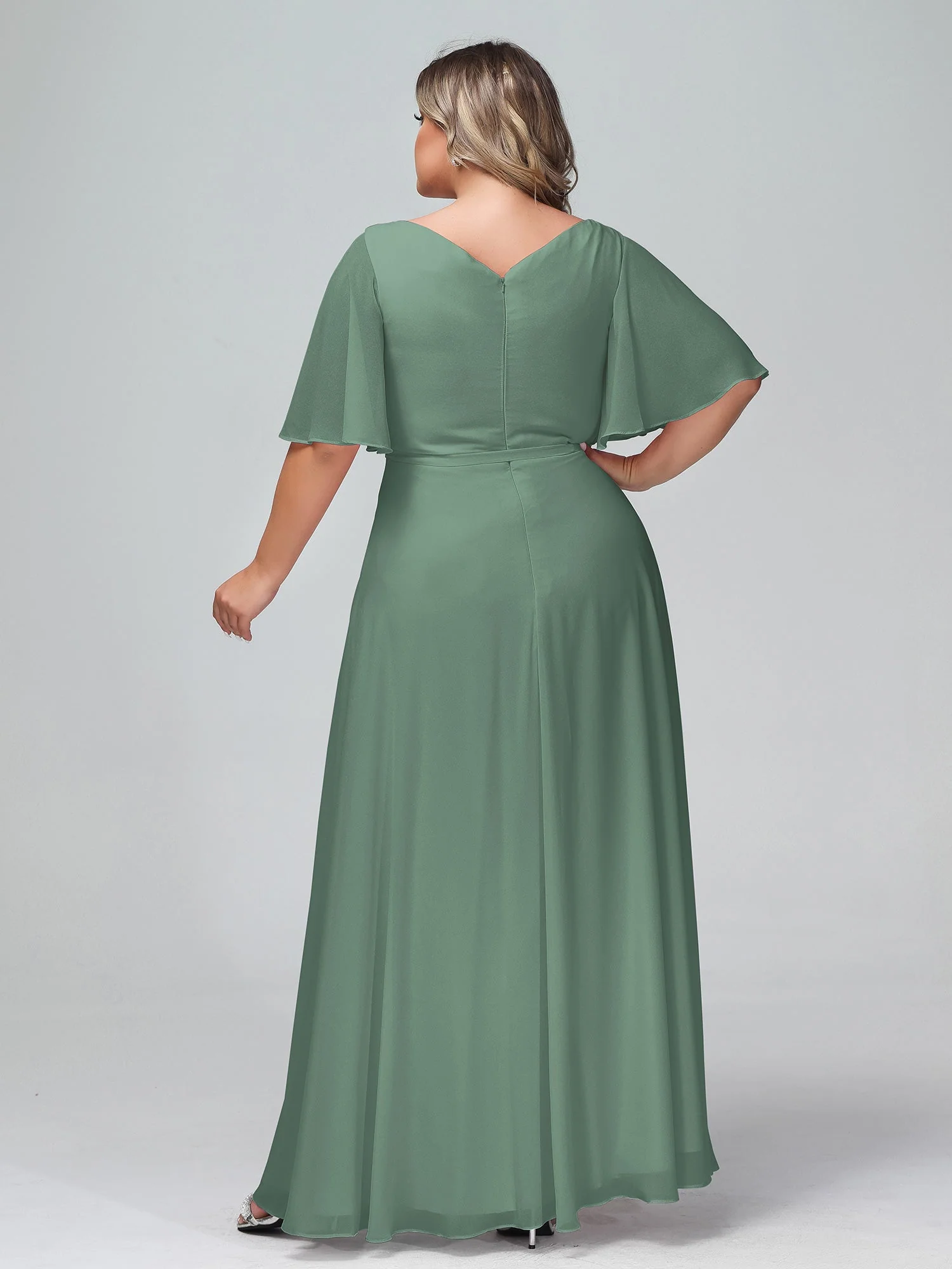 Flatter Ärmeln Chiffon Maxi Kleider mit Schleife Eukalyptus - Image 7