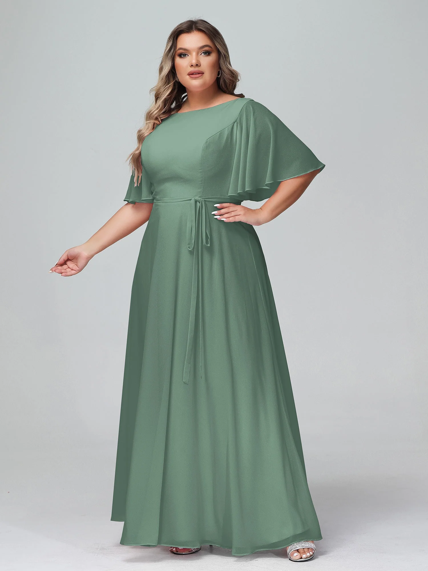 Flatter Ärmeln Chiffon Maxi Kleider mit Schleife Eukalyptus - Image 8