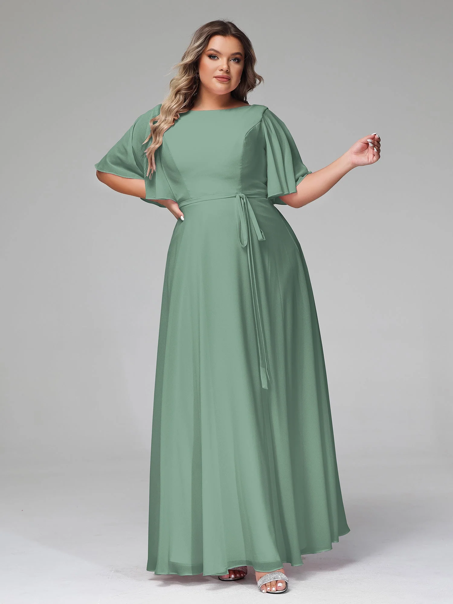 Flatter Ärmeln Chiffon Maxi Kleider mit Schleife Eukalyptus - Image 9