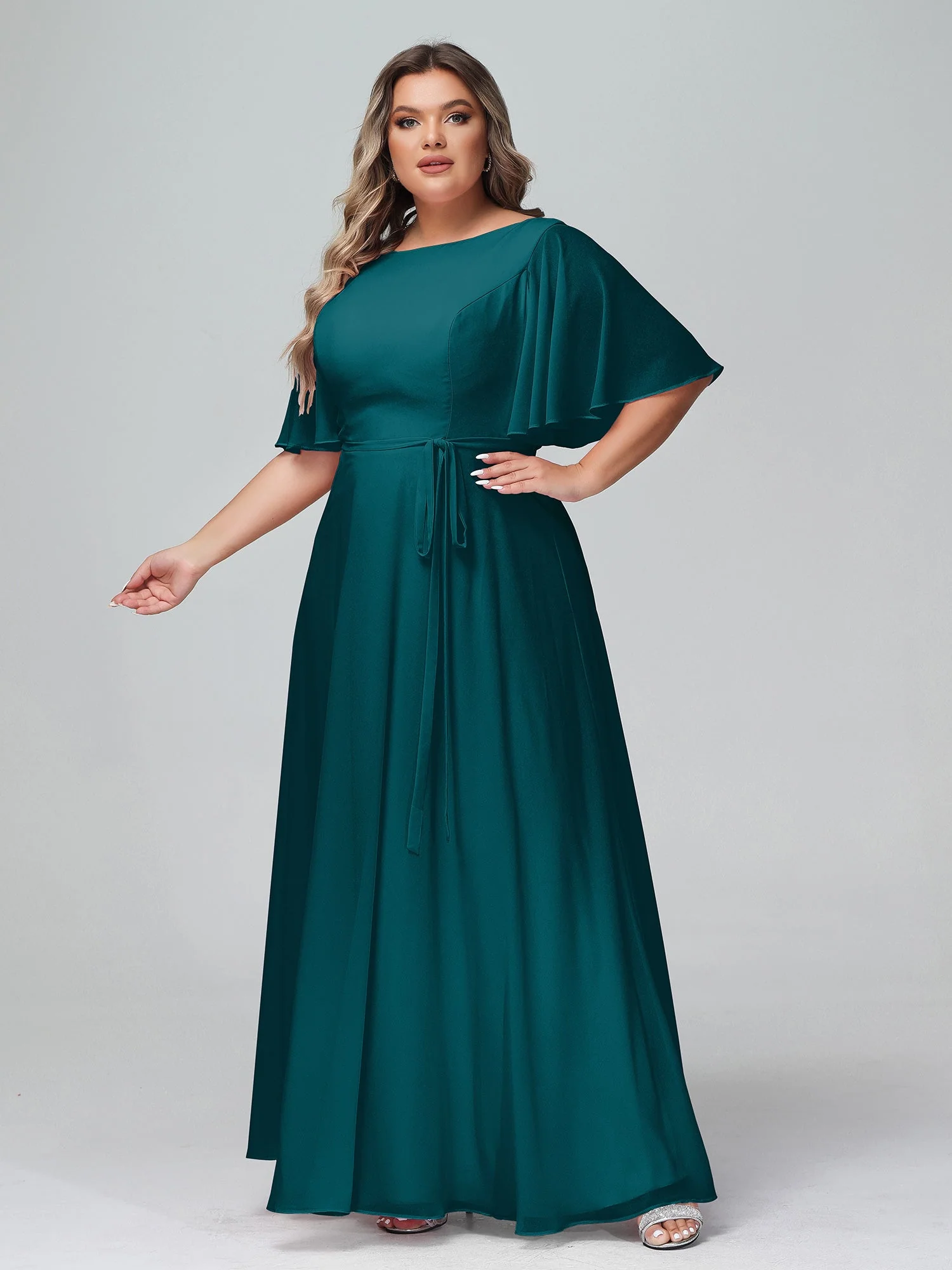 Flatter Ärmeln Chiffon Maxi Kleider mit Schleife Kieferngrün - Image 8