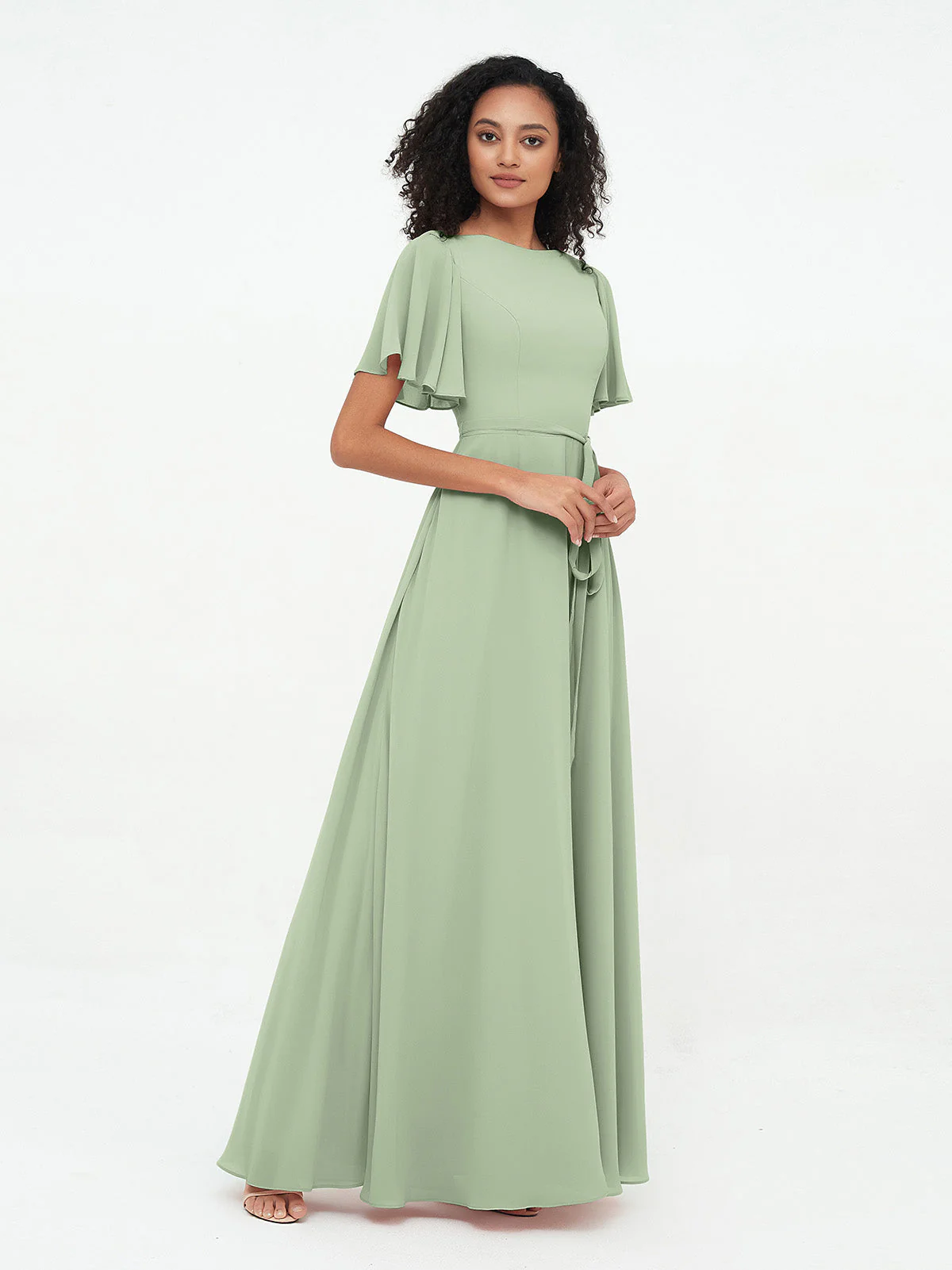 Flatter Ärmeln Chiffon Maxi Kleider mit Schleife Sale - Image 3